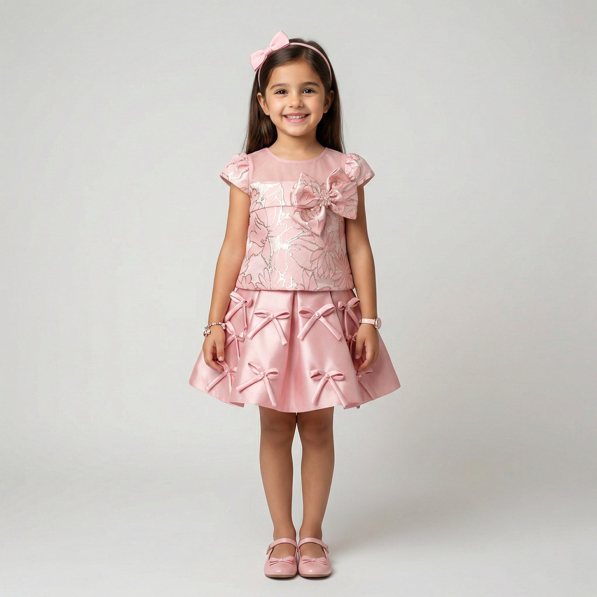 Girls' Two-Piece Style Occasion Dress with Floral Brocade and Ribbon Bows