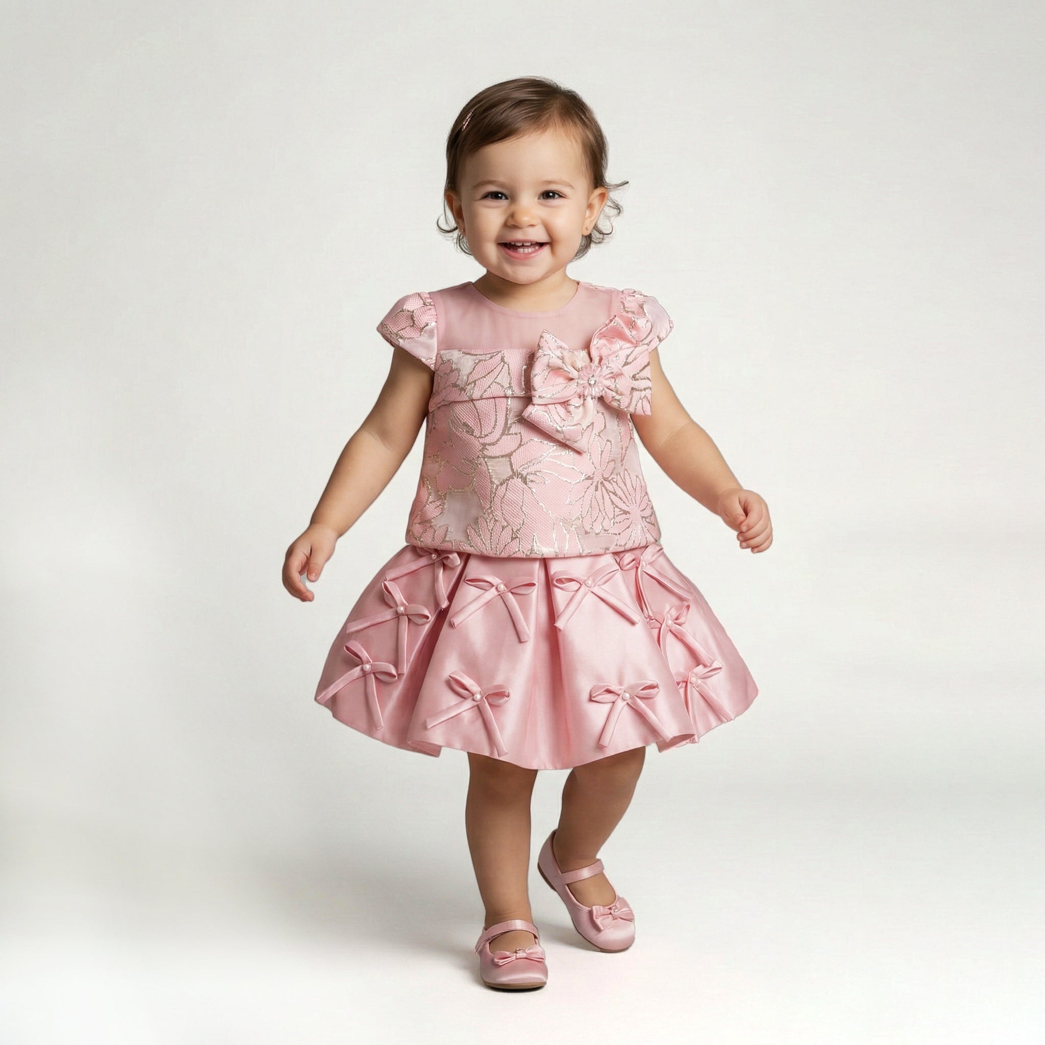 Girls' Two-Piece Style Occasion Dress with Floral Brocade and Ribbon Bows