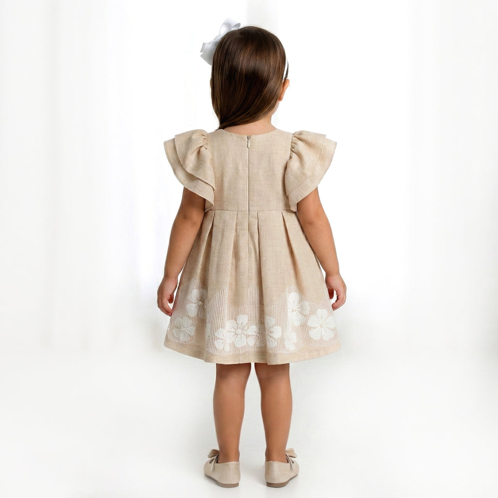 Whimsical Floral Flutter-Sleeve Dress – Beige & White