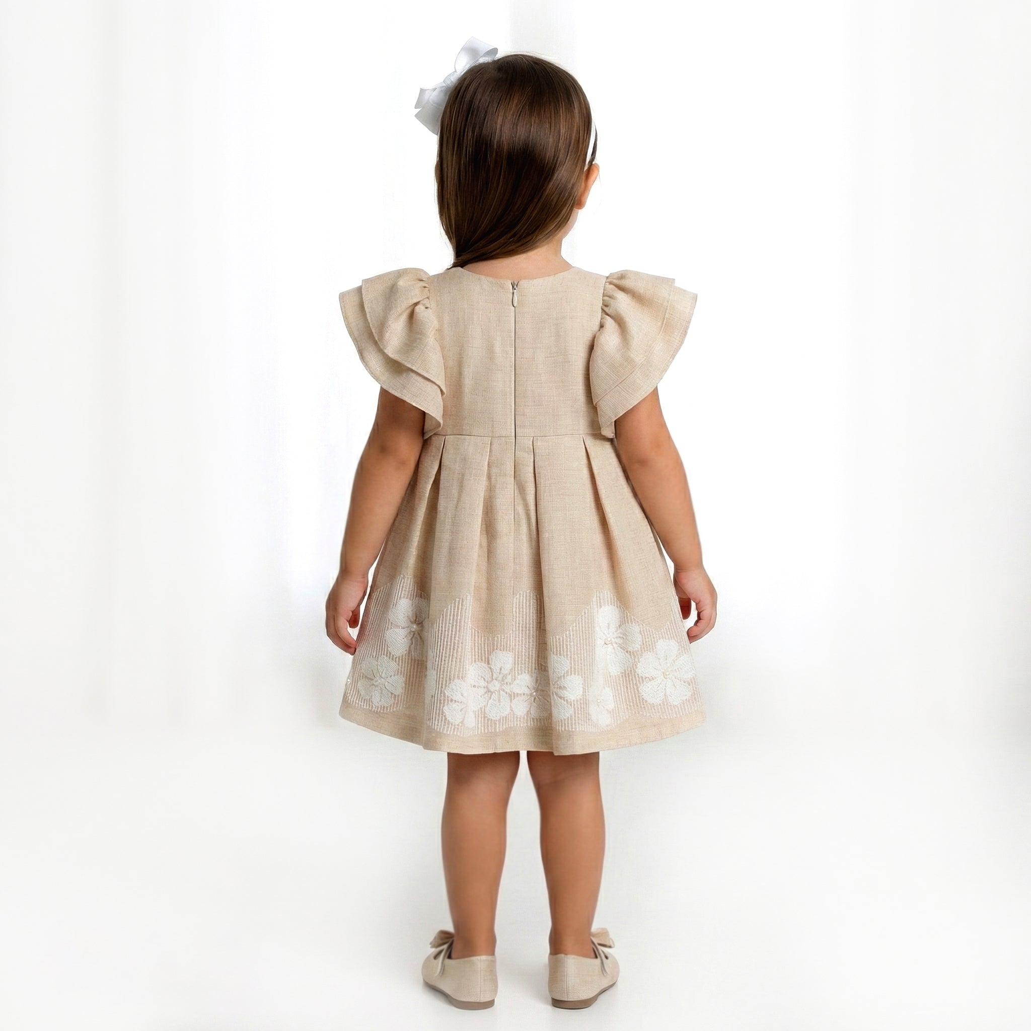 Whimsical Floral Flutter-Sleeve Dress – Beige & White