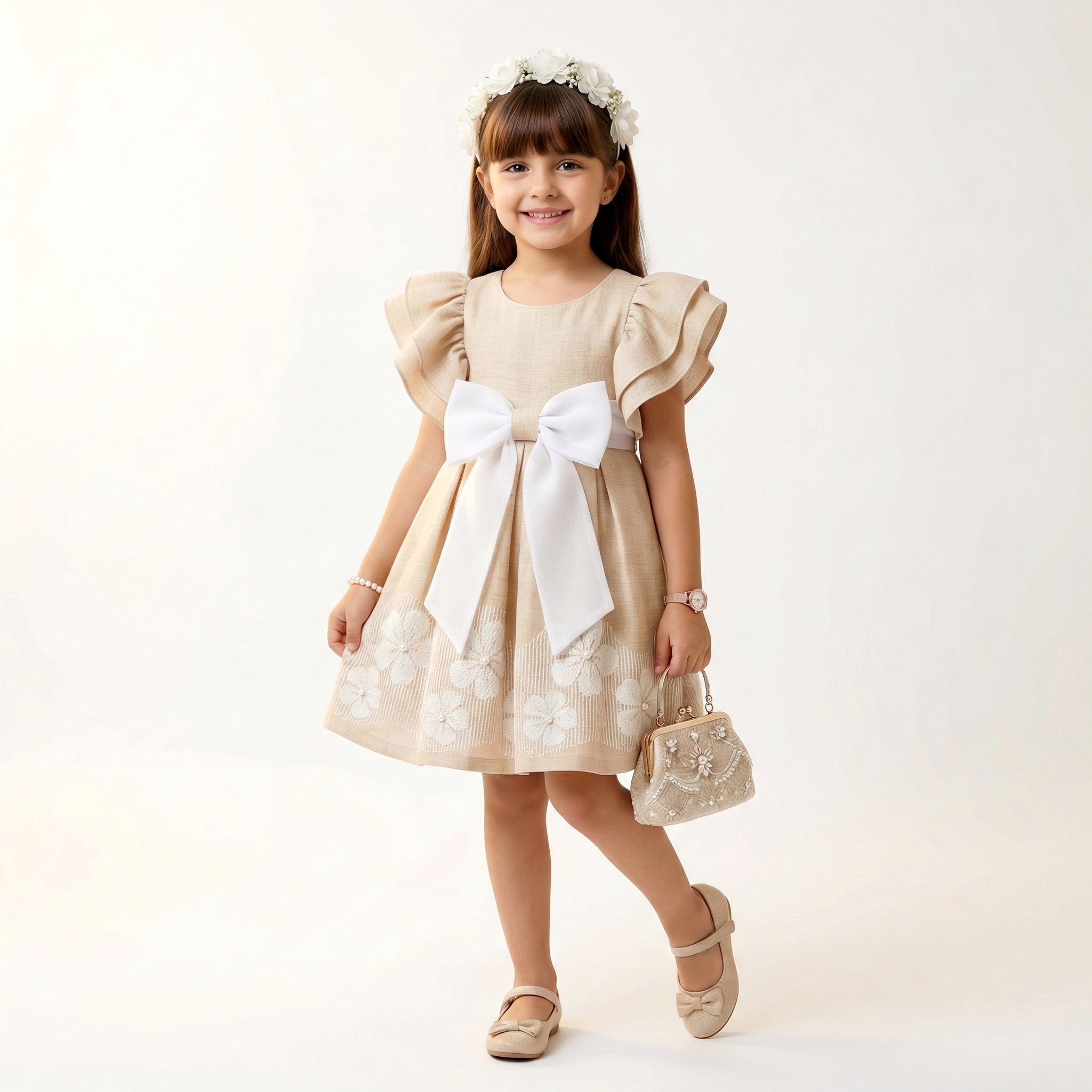 Classic Embroidered Floral Dress with Statement Bow
