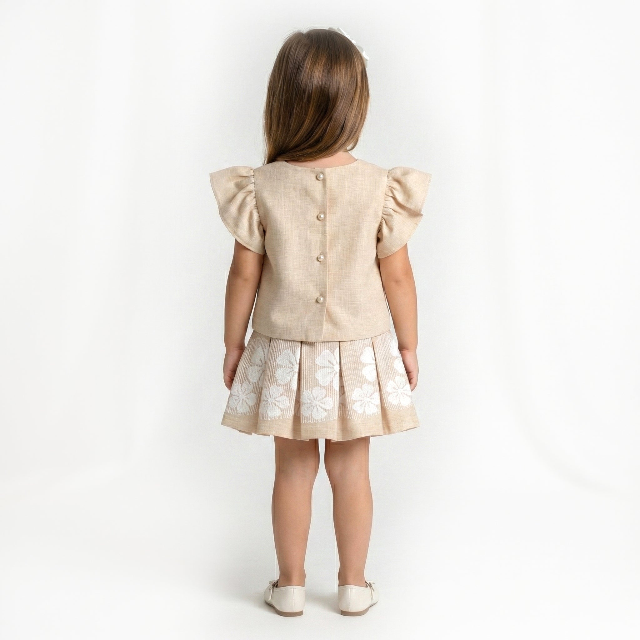 Toddler Girls Linen-Textured Party Dress – Pearl & Floral Accents