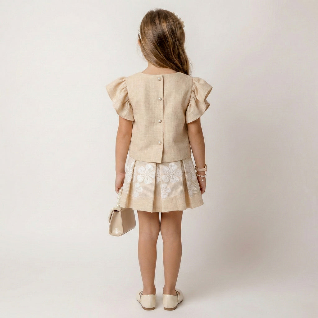 Girls Elegant Floral Embroidery Dress – Linen-Style Occasion Wear