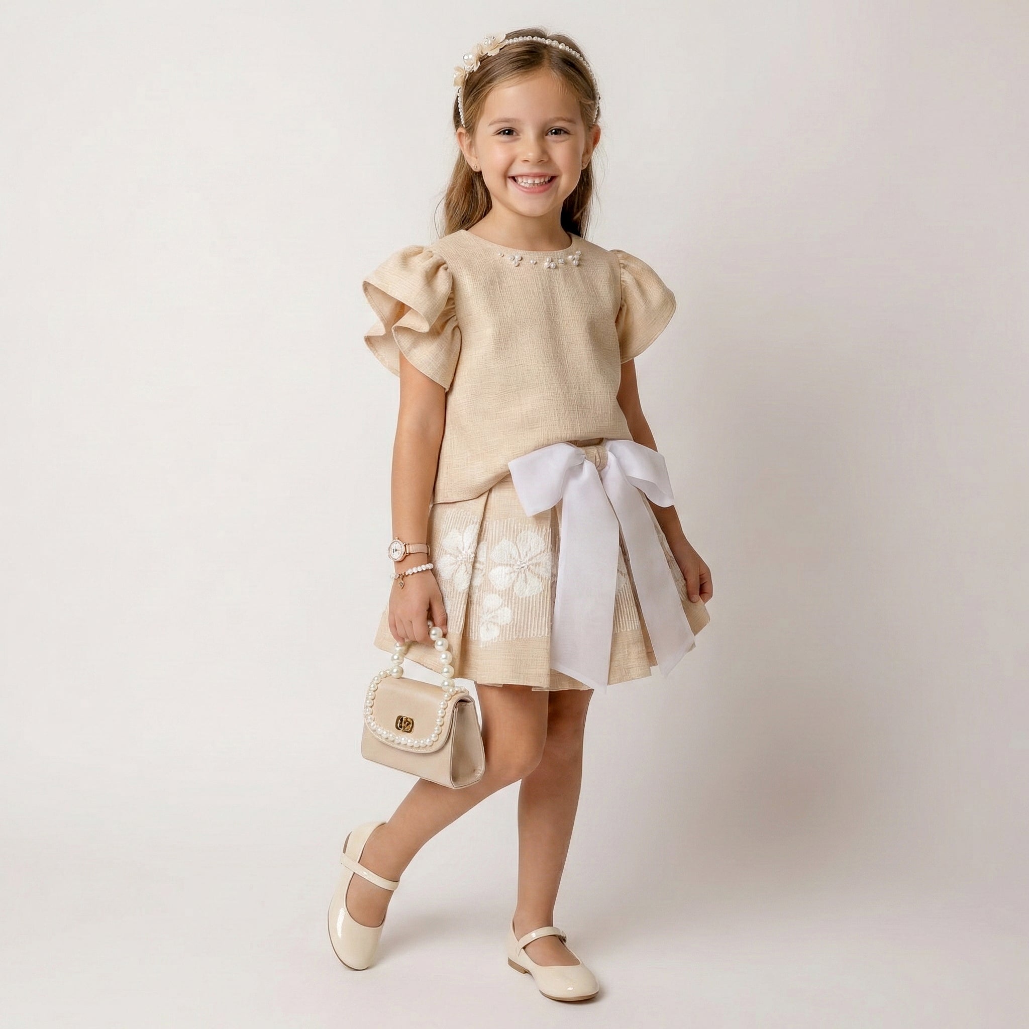 Girls Elegant Floral Embroidery Dress – Linen-Style Occasion Wear