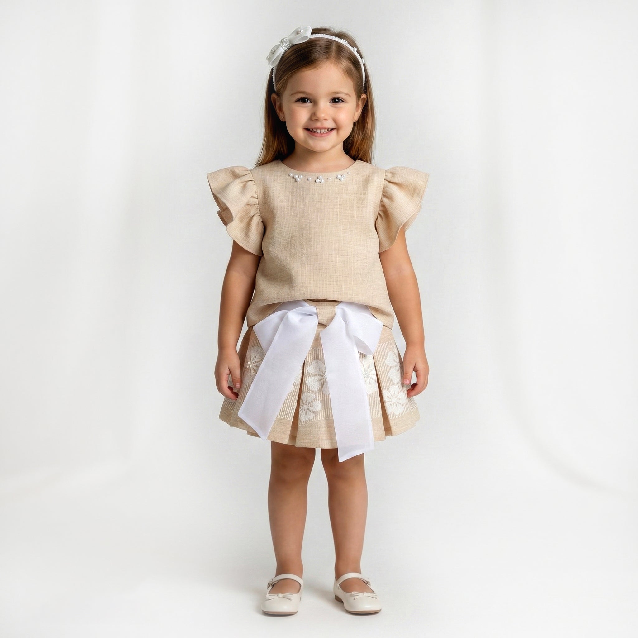 Toddler Girls Linen-Textured Party Dress – Pearl & Floral Accents