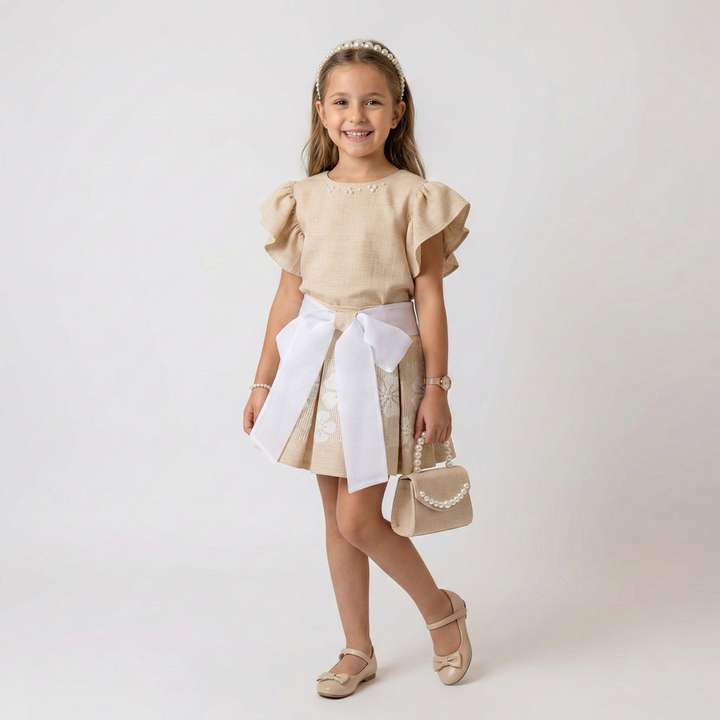 Big Girls Sophisticated Pearl-Trimmed Dress – Premium Floral Embroidery