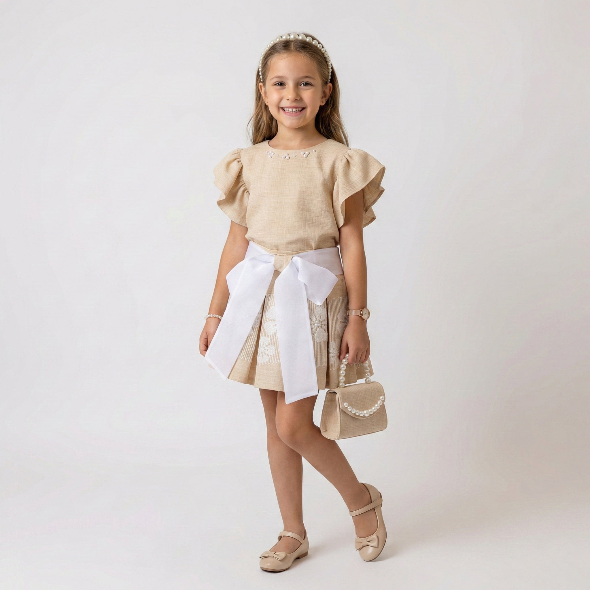 Big Girls Sophisticated Pearl-Trimmed Dress – Premium Floral Embroidery