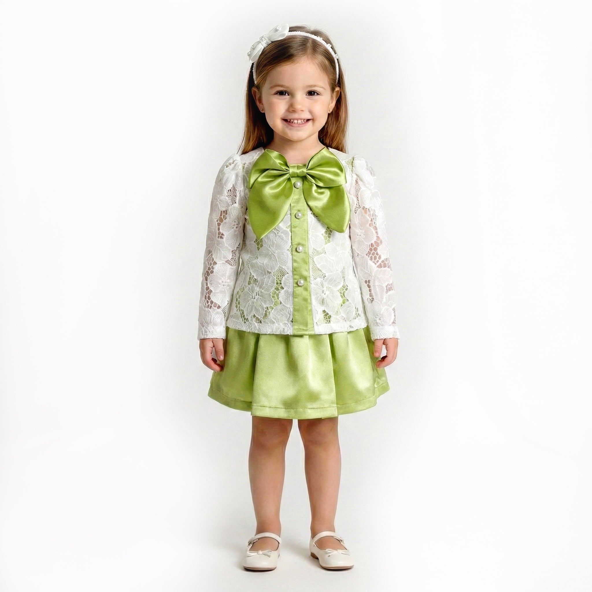 Toddler Girls Floral Lace Top & Satin Skirt – 2-Piece Formal Outfit
