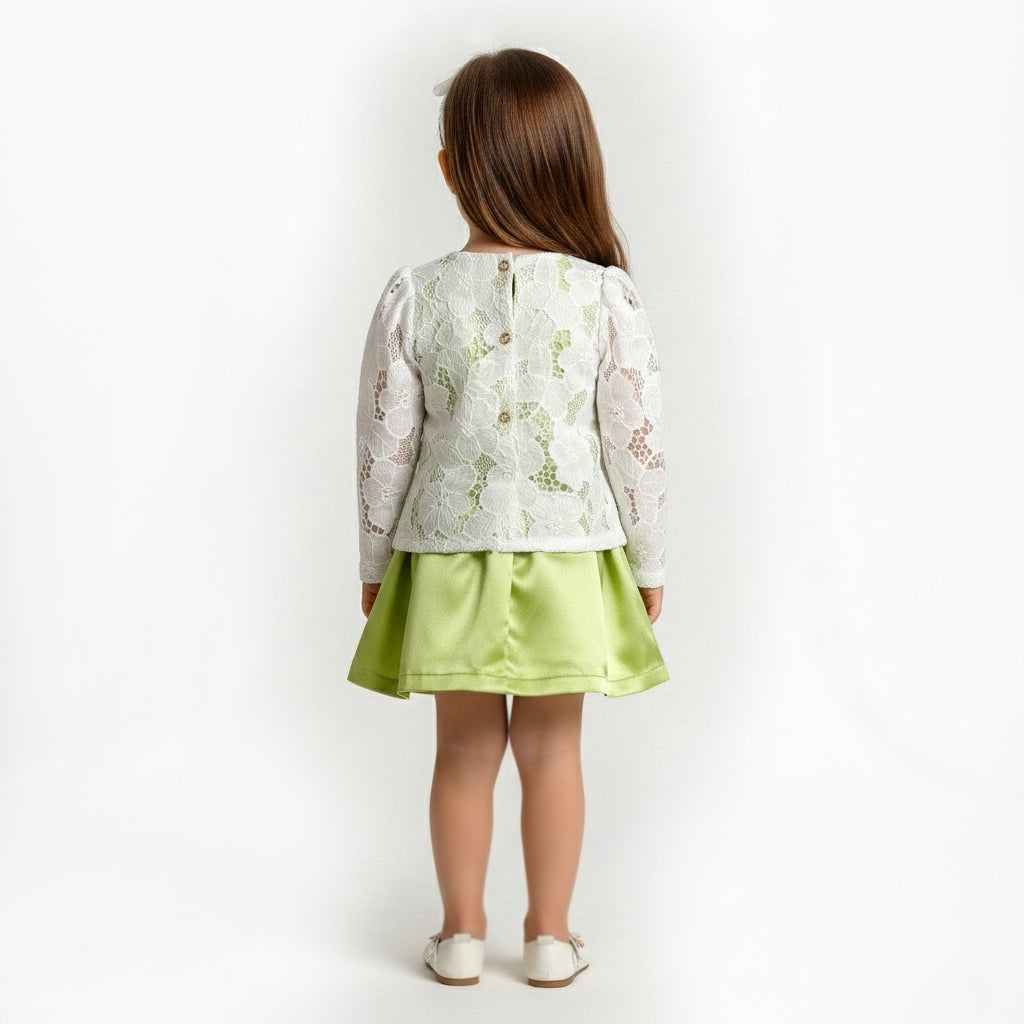 Toddler Girls Floral Lace Top & Satin Skirt – 2-Piece Formal Outfit