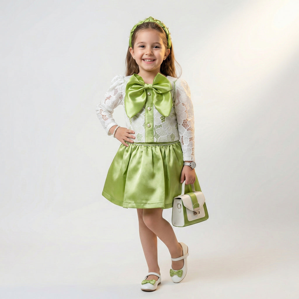 Girls Sage Green Lace & Satin Ensemble – Elegant Formal Party Set