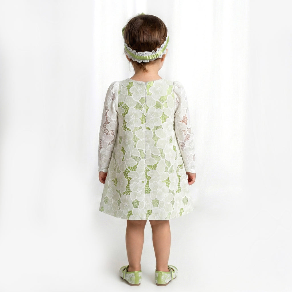 Toddler Girls Floral Lace Dress – Sage Green & White Occasion Outfit