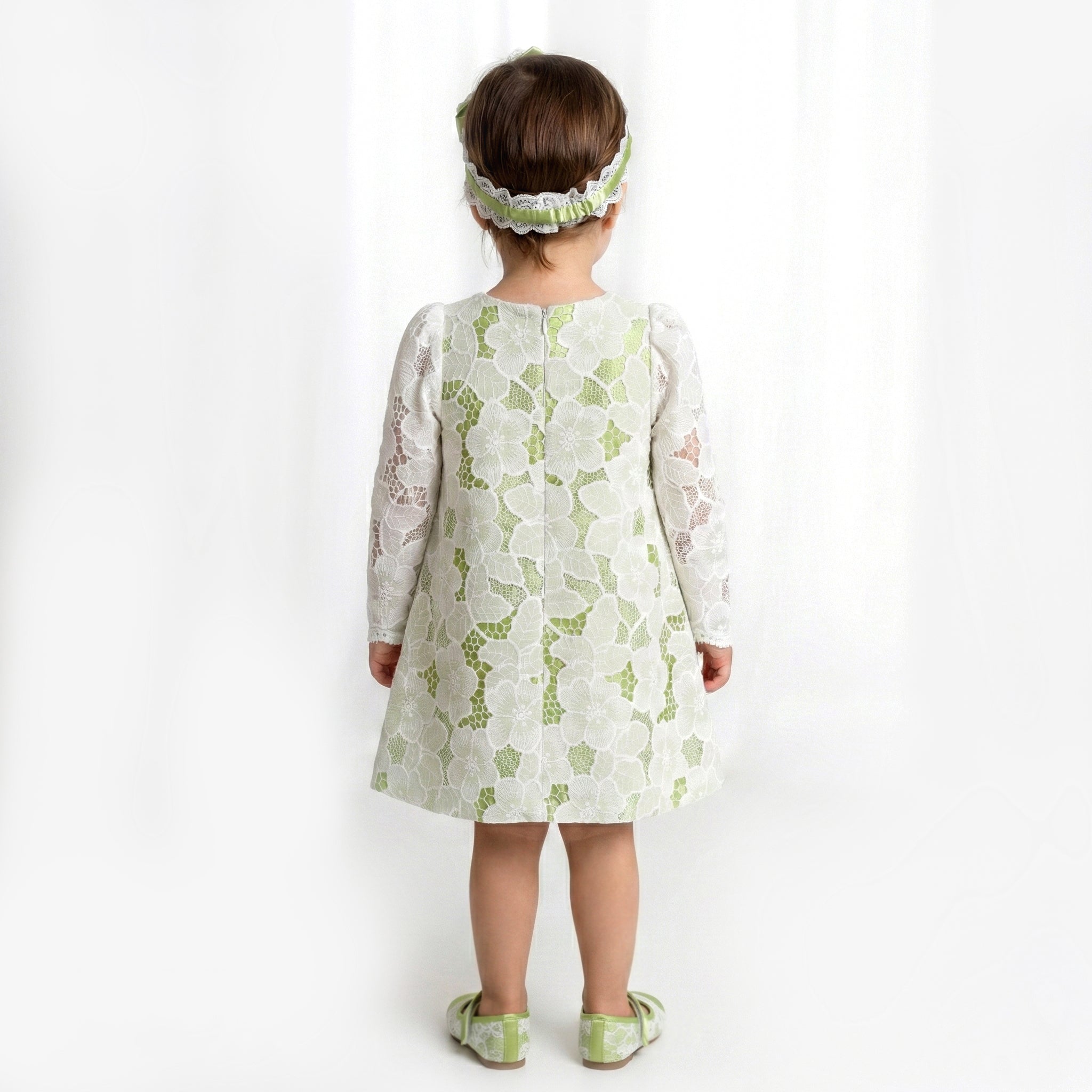 Toddler Girls Floral Lace Dress – Sage Green & White Occasion Outfit