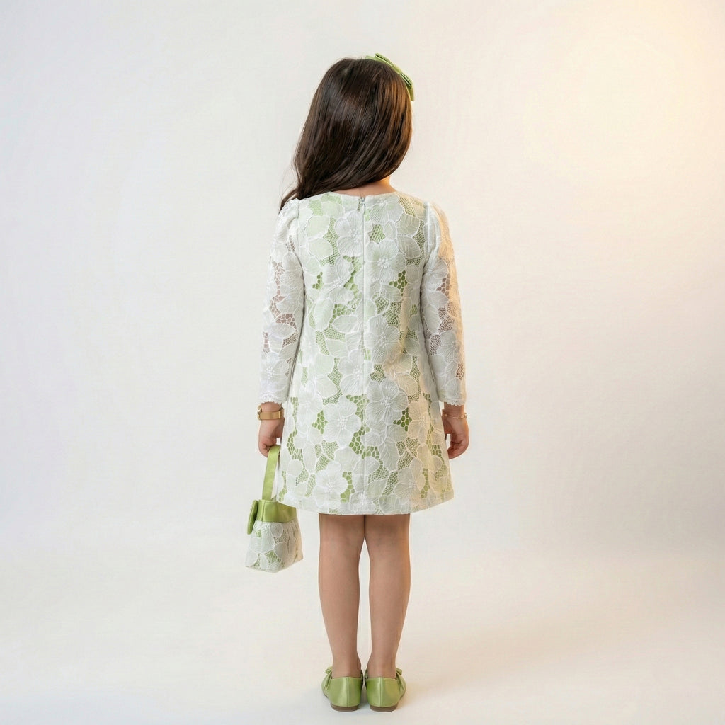 Girls Sage Green Lace Party Dress – Elegant Long-Sleeve Ceremony Wear