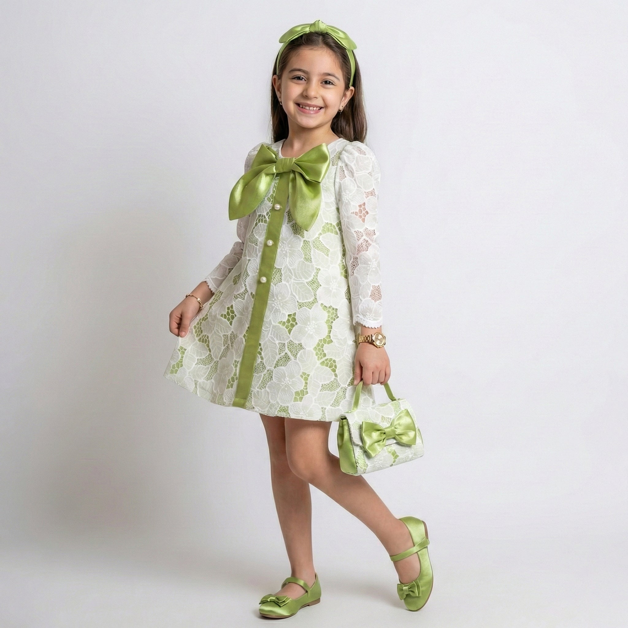 Big Girls Floral Lace Occasion Dress – Sophisticated Sage Green Party Wear