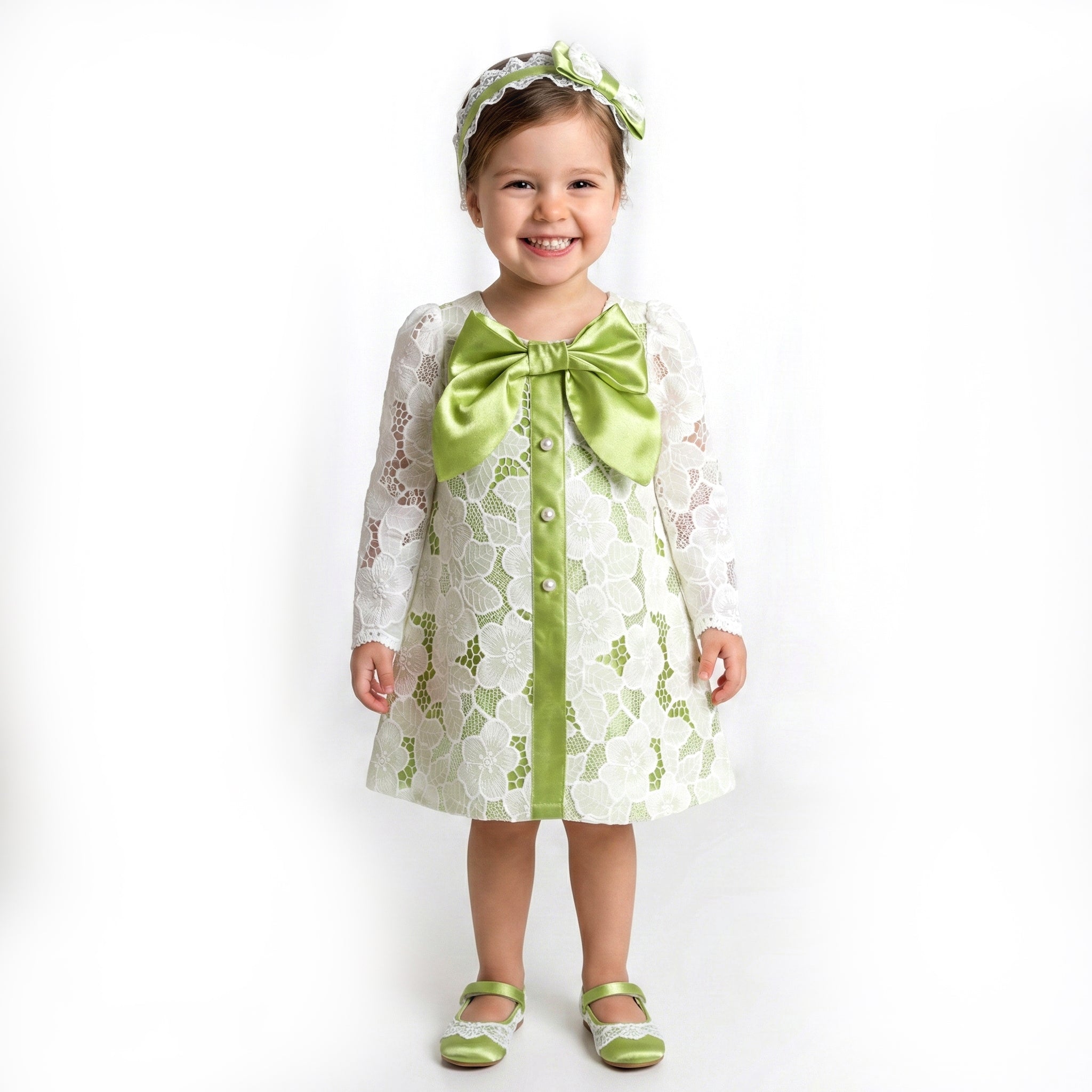 Toddler Girls Floral Lace Dress – Sage Green & White Occasion Outfit
