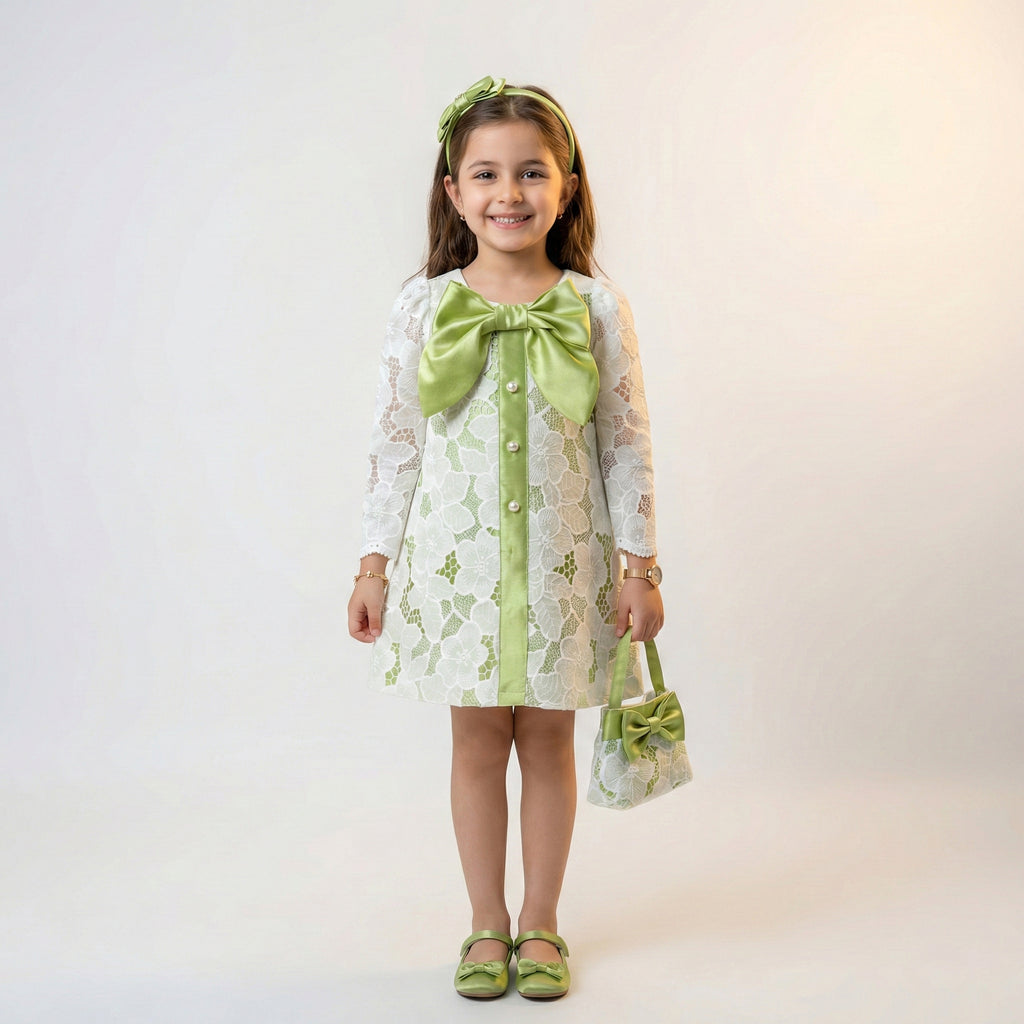 Girls Sage Green Lace Party Dress – Elegant Long-Sleeve Ceremony Wear