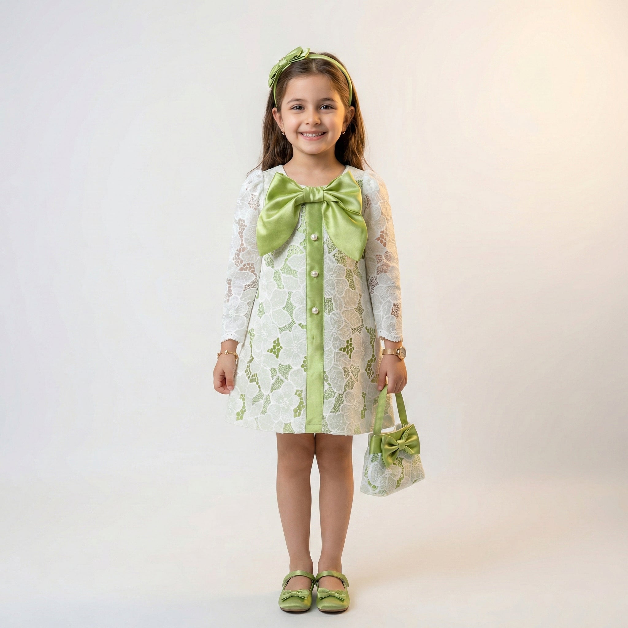 Girls Sage Green Lace Party Dress – Elegant Long-Sleeve Ceremony Wear
