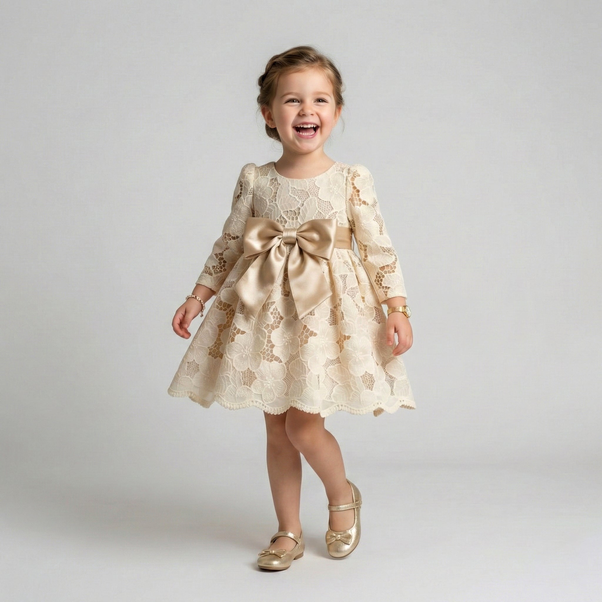 Girls' Champagne Floral Lace Boutique Party Dress
