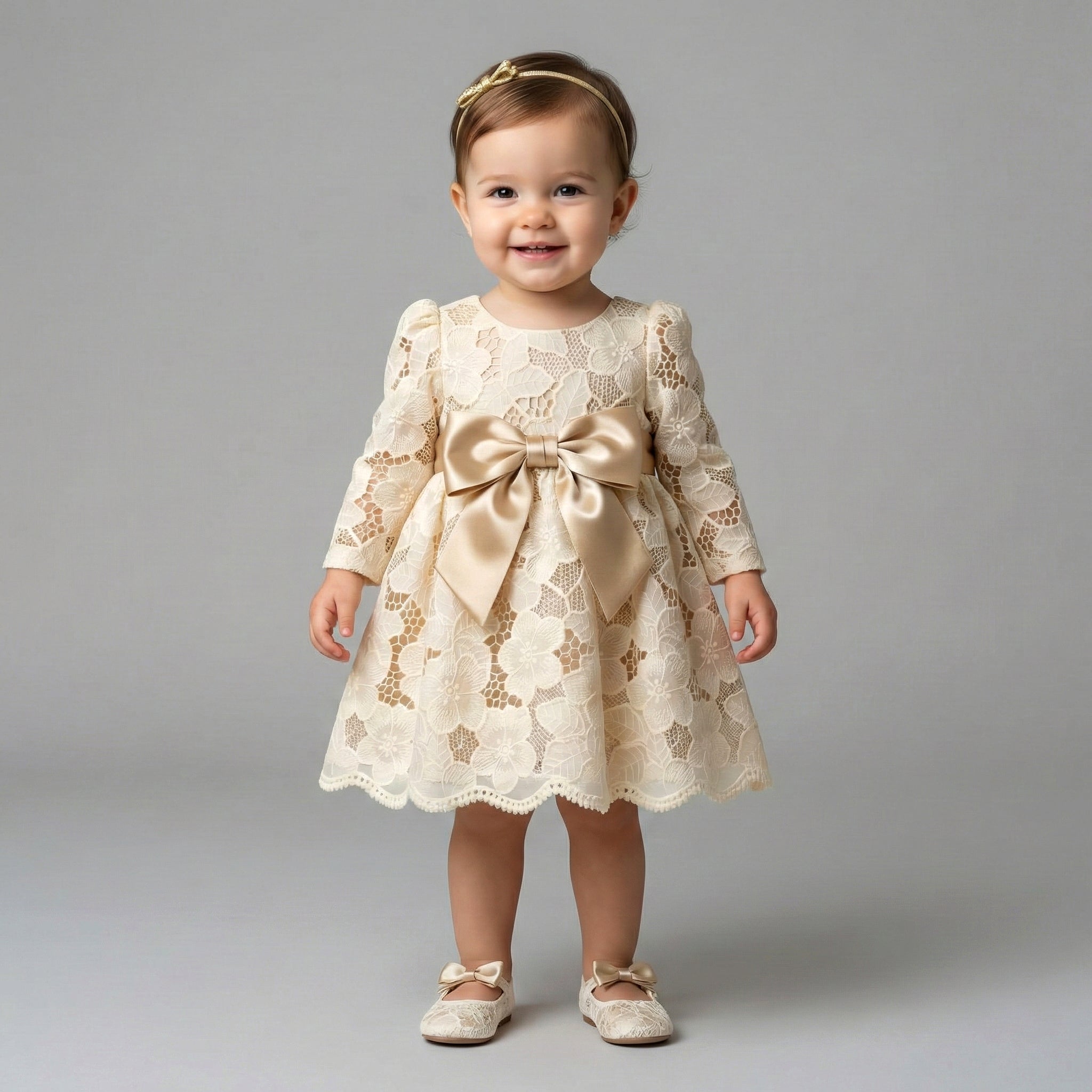 Heirloom Floral Lace & Satin Occasion Dress with Signature Bow