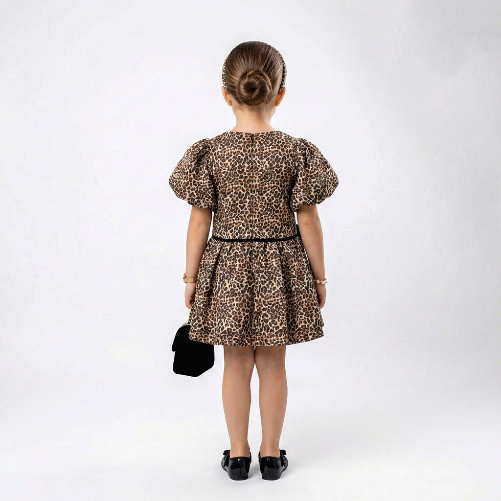 Girls Statement Leopard Dress – Elegant Party Wear with Floral Accent