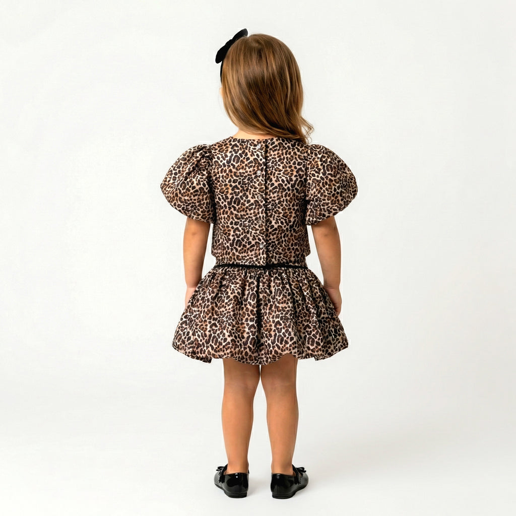 Toddler Girls Leopard Print Puff-Sleeve Party Dress – Velour Trim Details