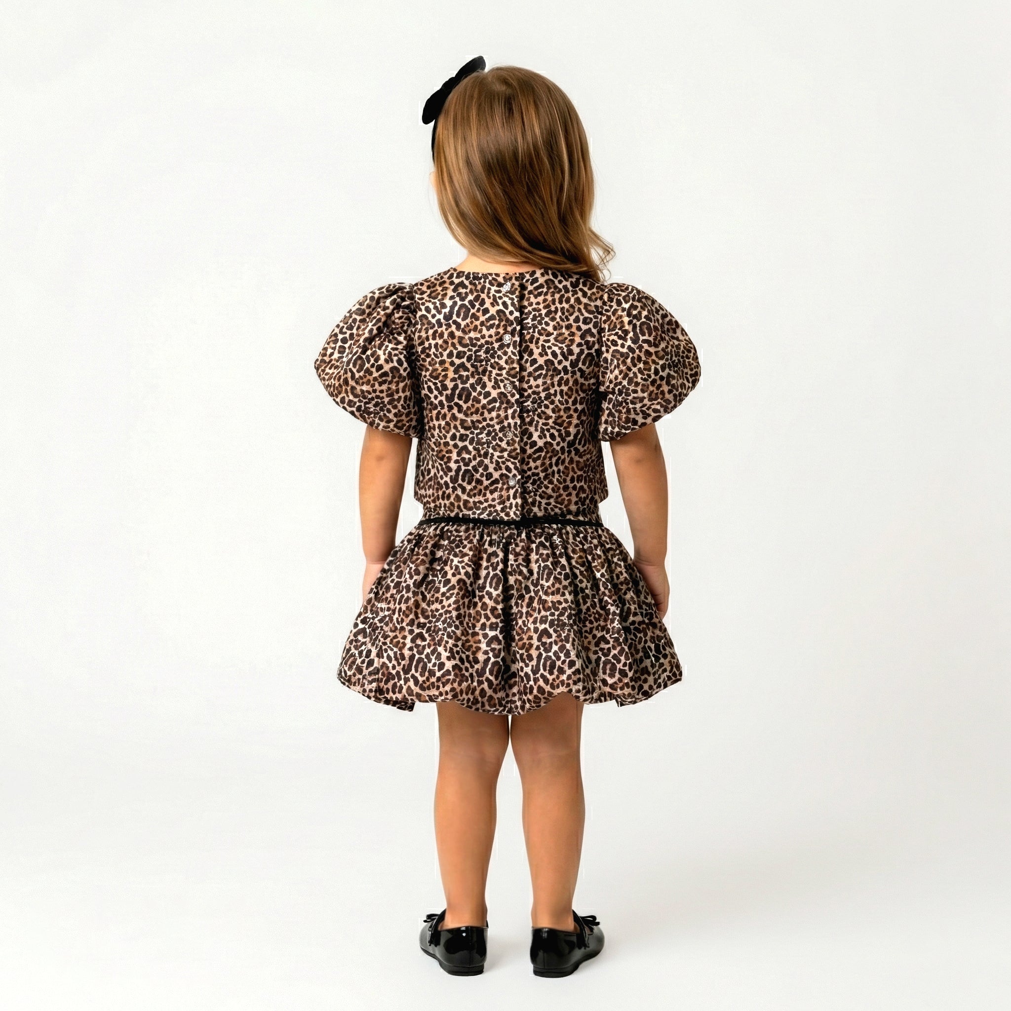 Toddler Girls Leopard Print Puff-Sleeve Party Dress – Velour Trim Details