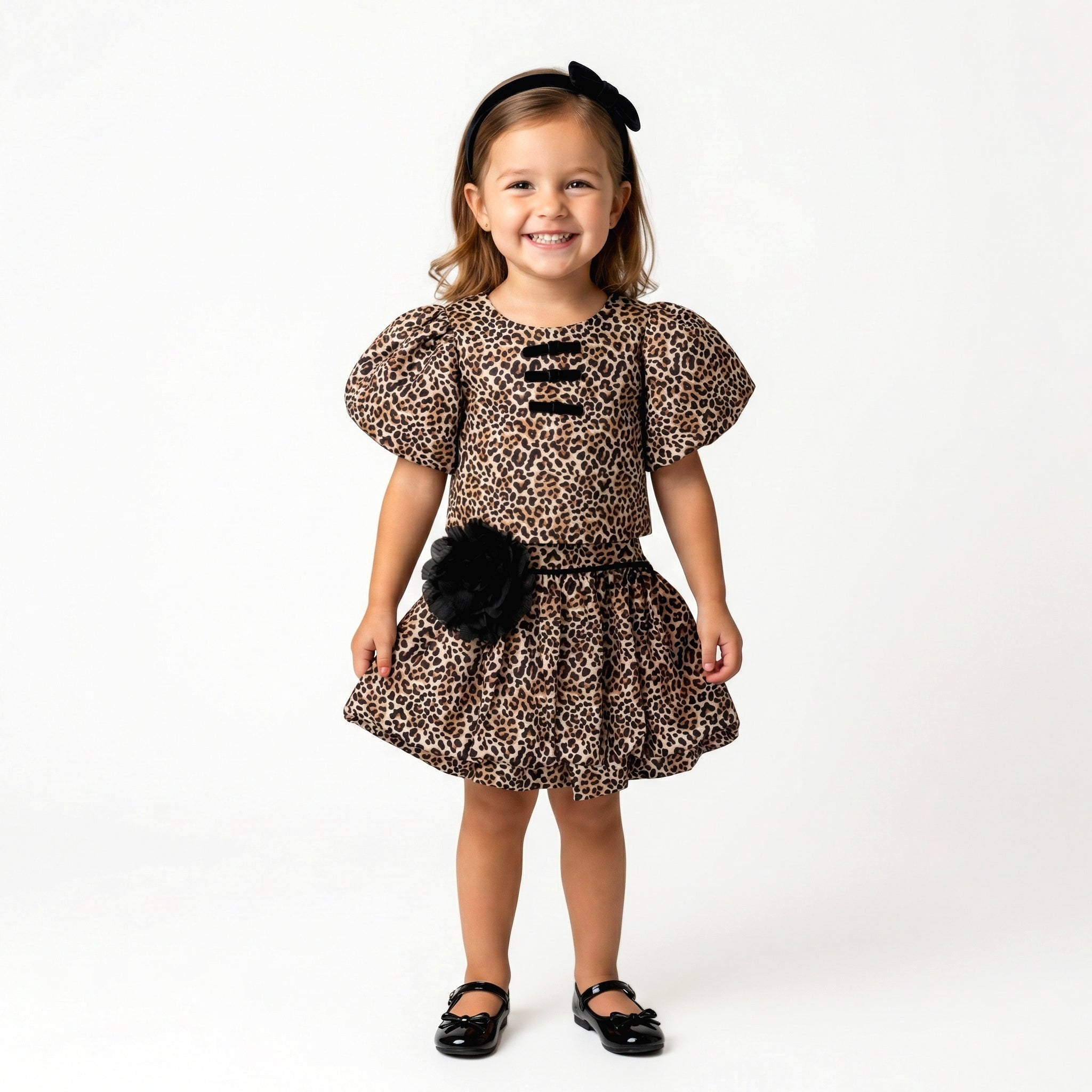 Toddler Girls Leopard Print Puff-Sleeve Party Dress – Velour Trim Details