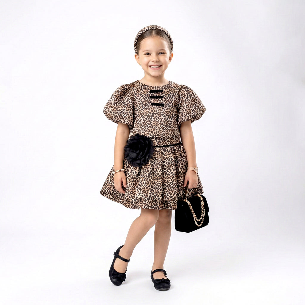 Girls Statement Leopard Dress – Elegant Party Wear with Floral Accent