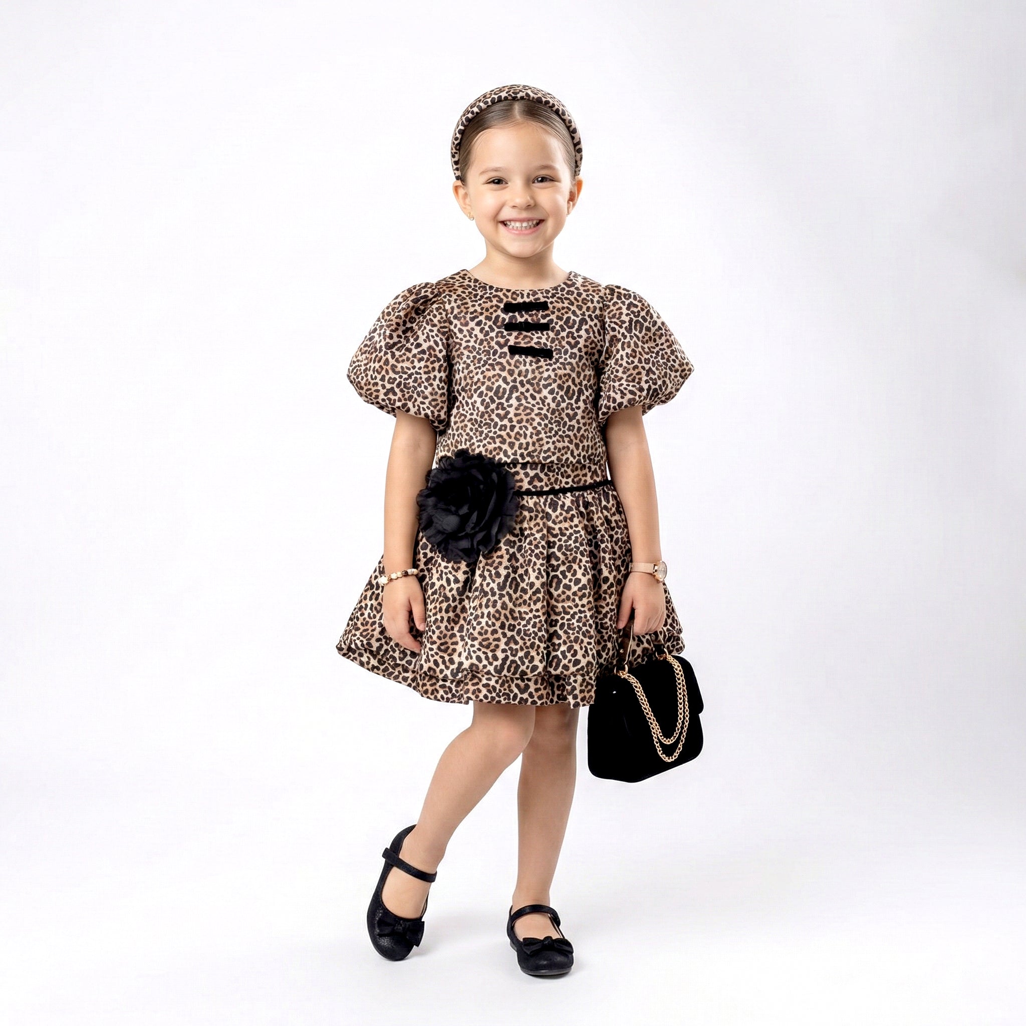 Girls Statement Leopard Dress – Elegant Party Wear with Floral Accent