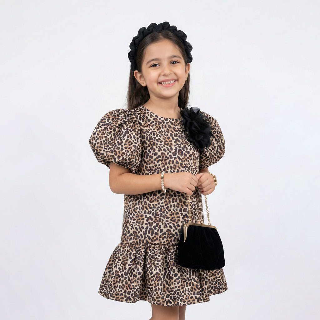 Girls Leopard Print Fashion Dress – Chic Puff-Sleeve Occasion Wear