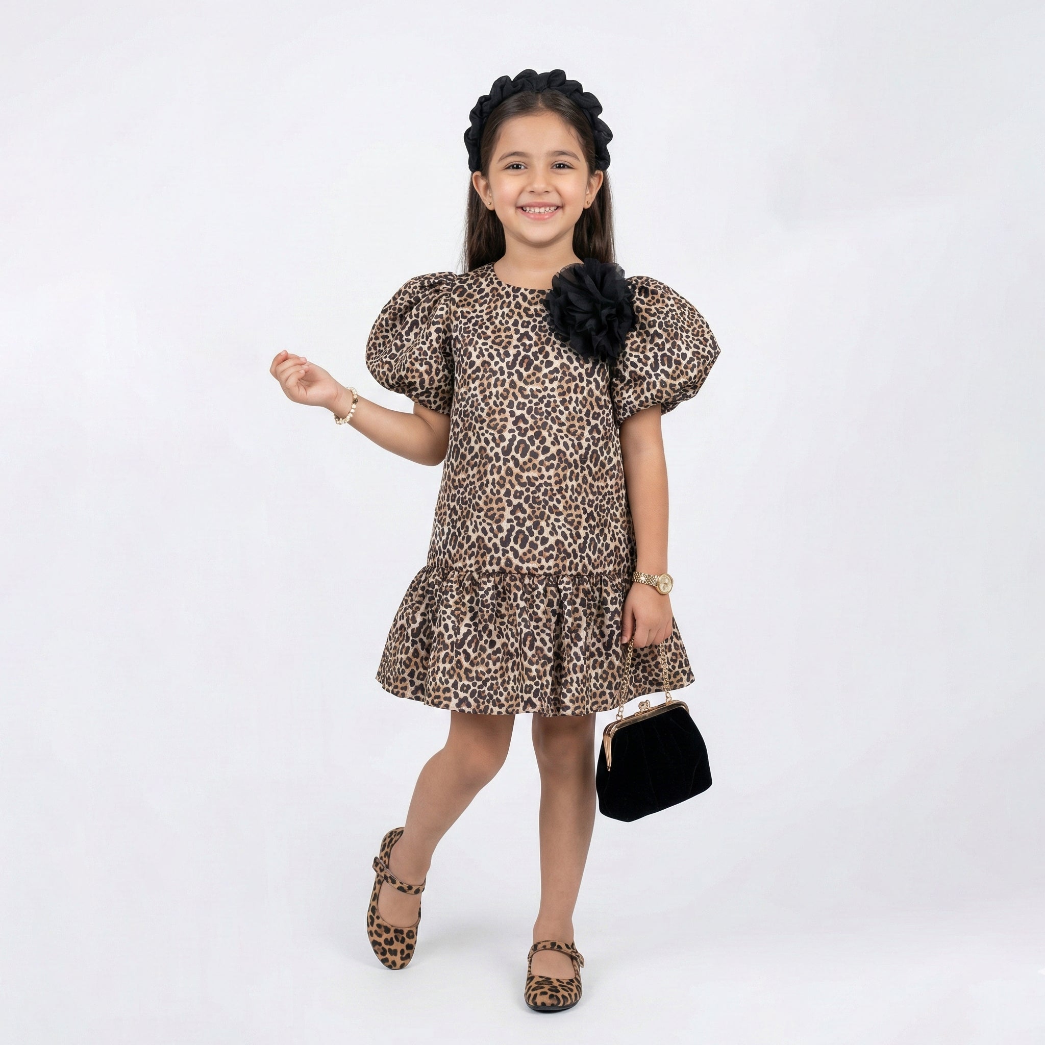 Girls Leopard Print Fashion Dress – Chic Puff-Sleeve Occasion Wear