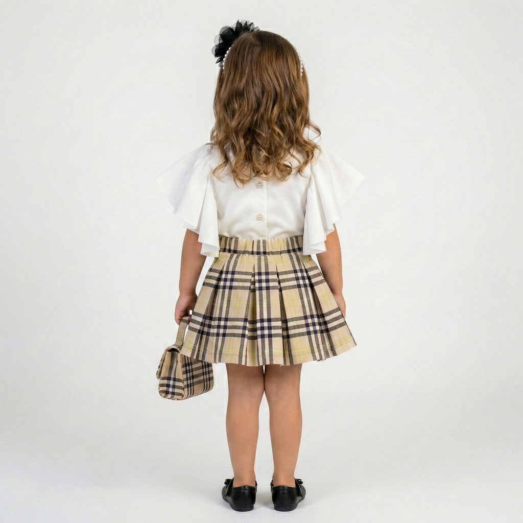 Toddler Girls Flutter Sleeve Top & Plaid Skirt Set – 2-Piece Heritage Outfit