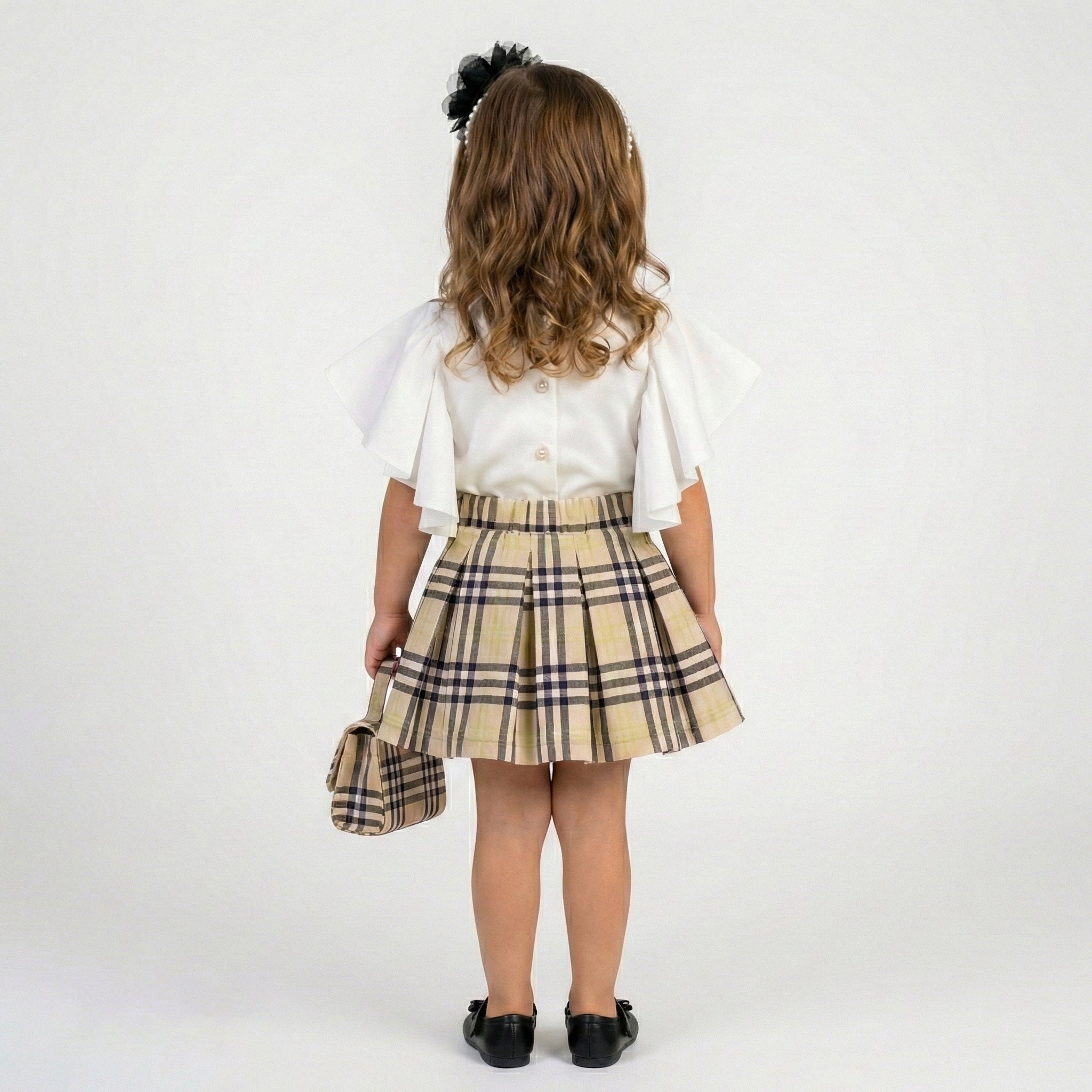 Toddler Girls Flutter Sleeve Top & Plaid Skirt Set – 2-Piece Heritage Outfit
