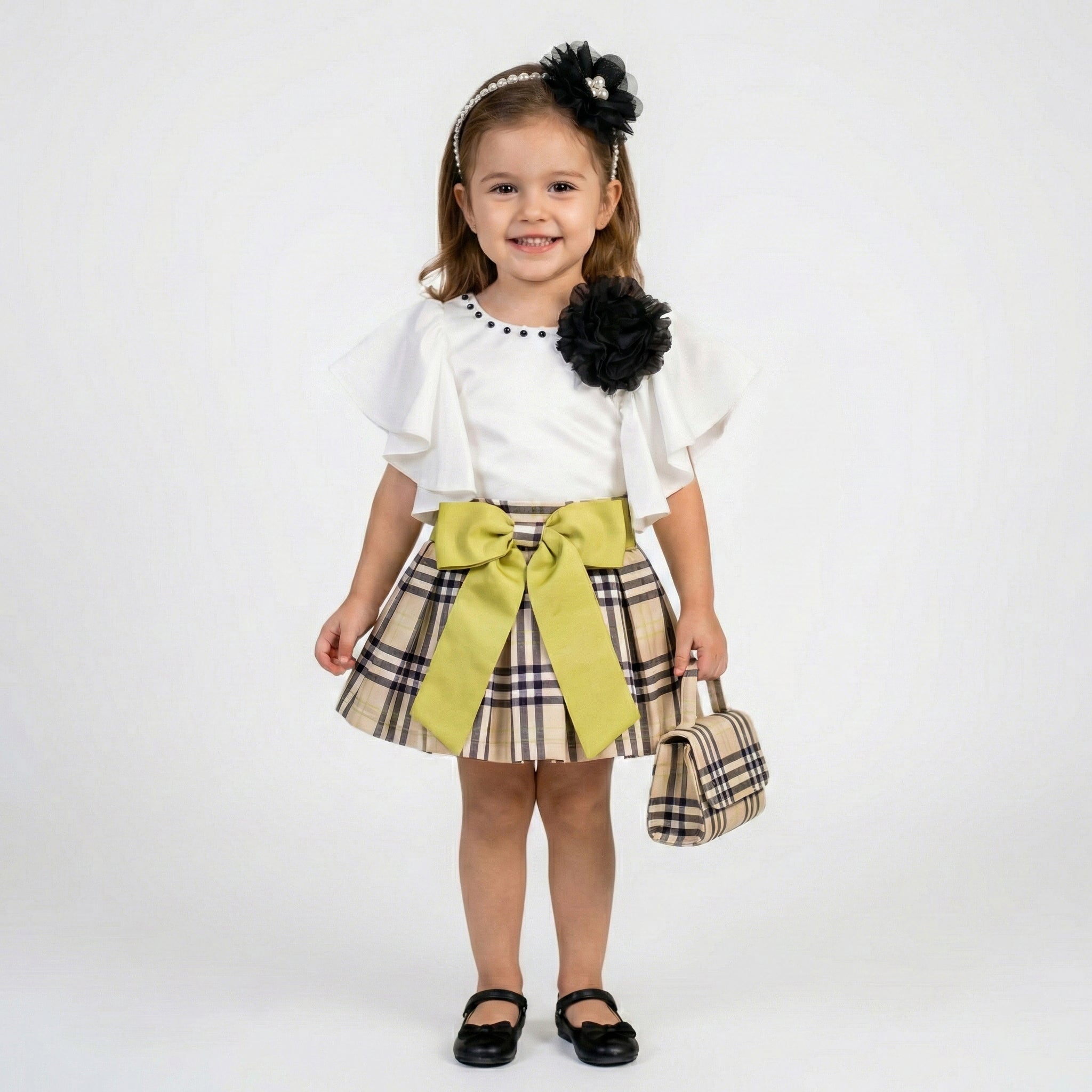 Toddler Girls Flutter Sleeve Top & Plaid Skirt Set – 2-Piece Heritage Outfit