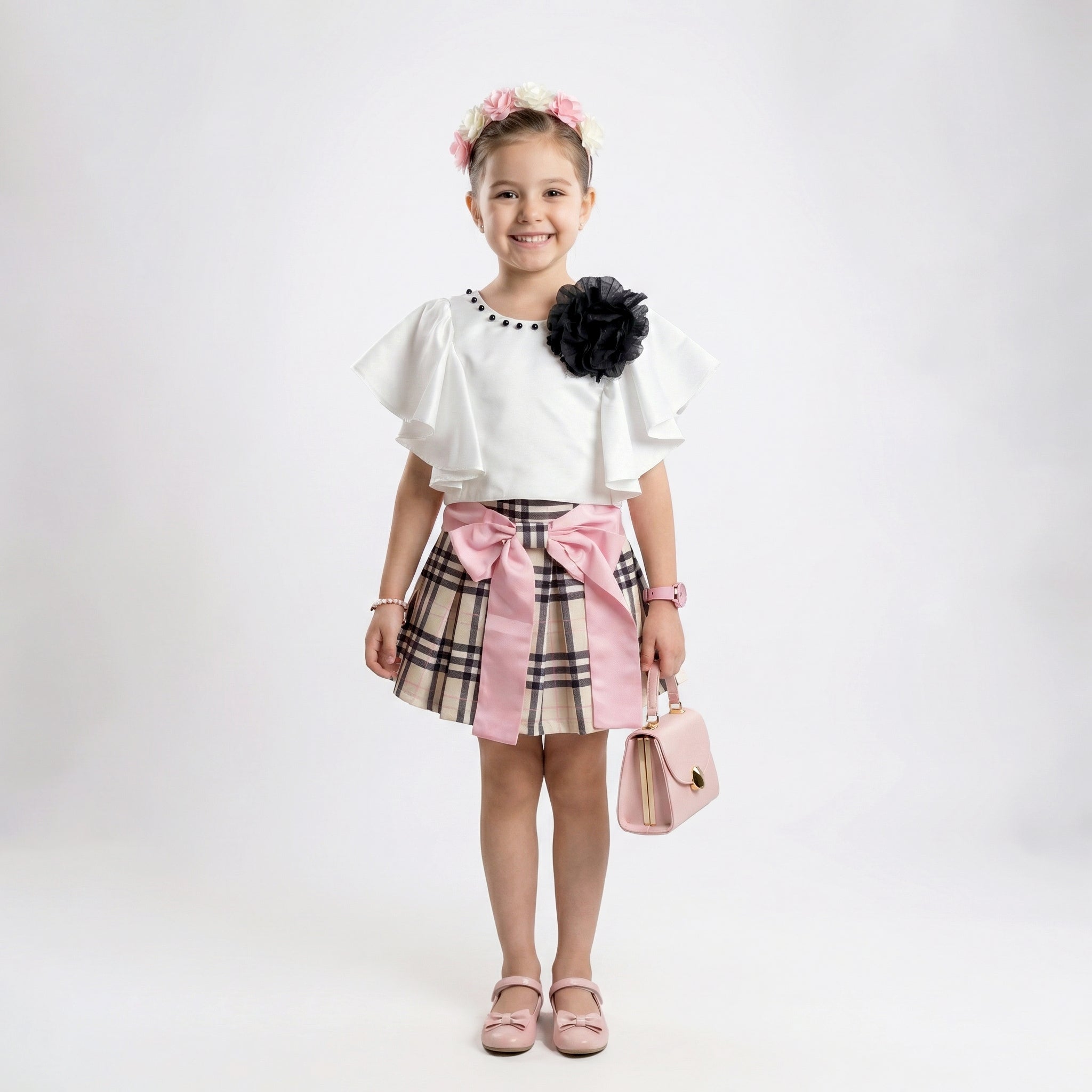 Girls Elegant Plaid & Flutter Sleeve Ensemble – Sophisticated 2-Piece Set