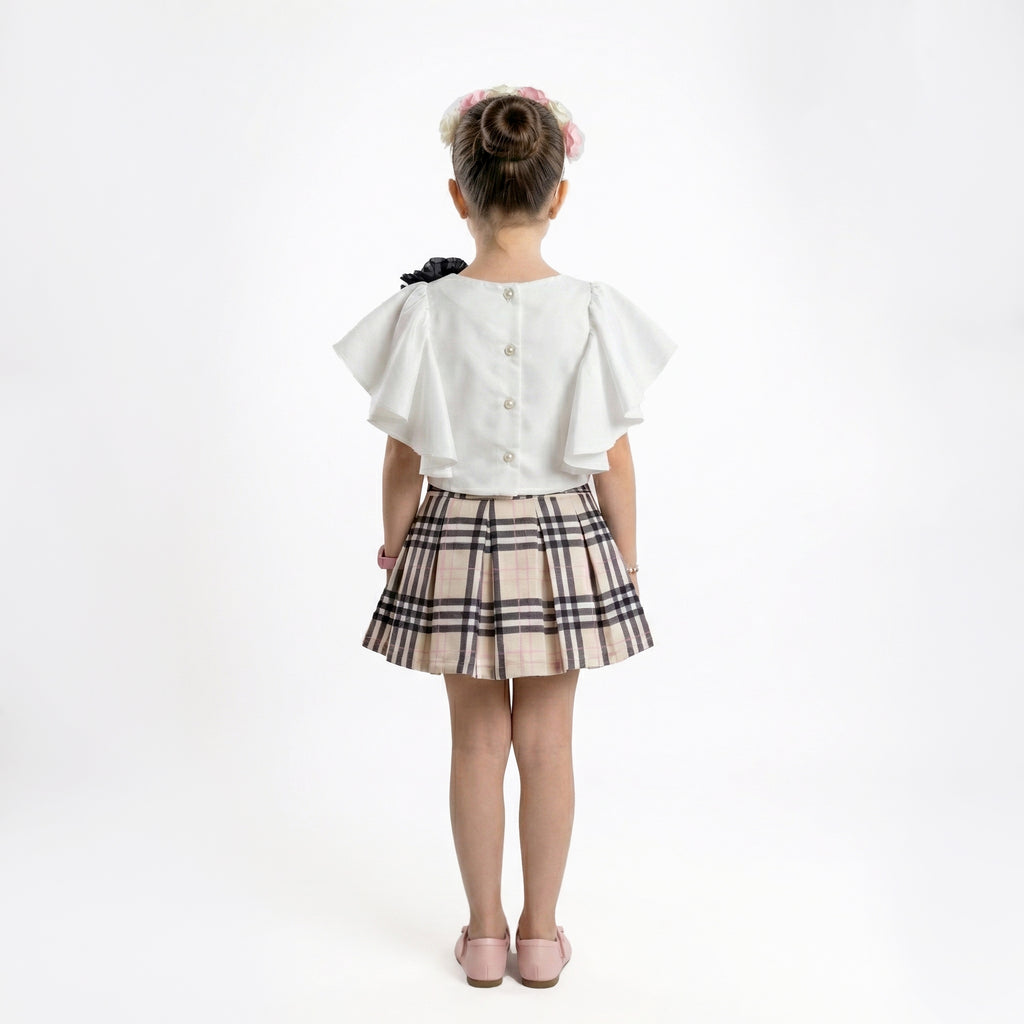 Girls Elegant Plaid & Flutter Sleeve Ensemble – Sophisticated 2-Piece Set