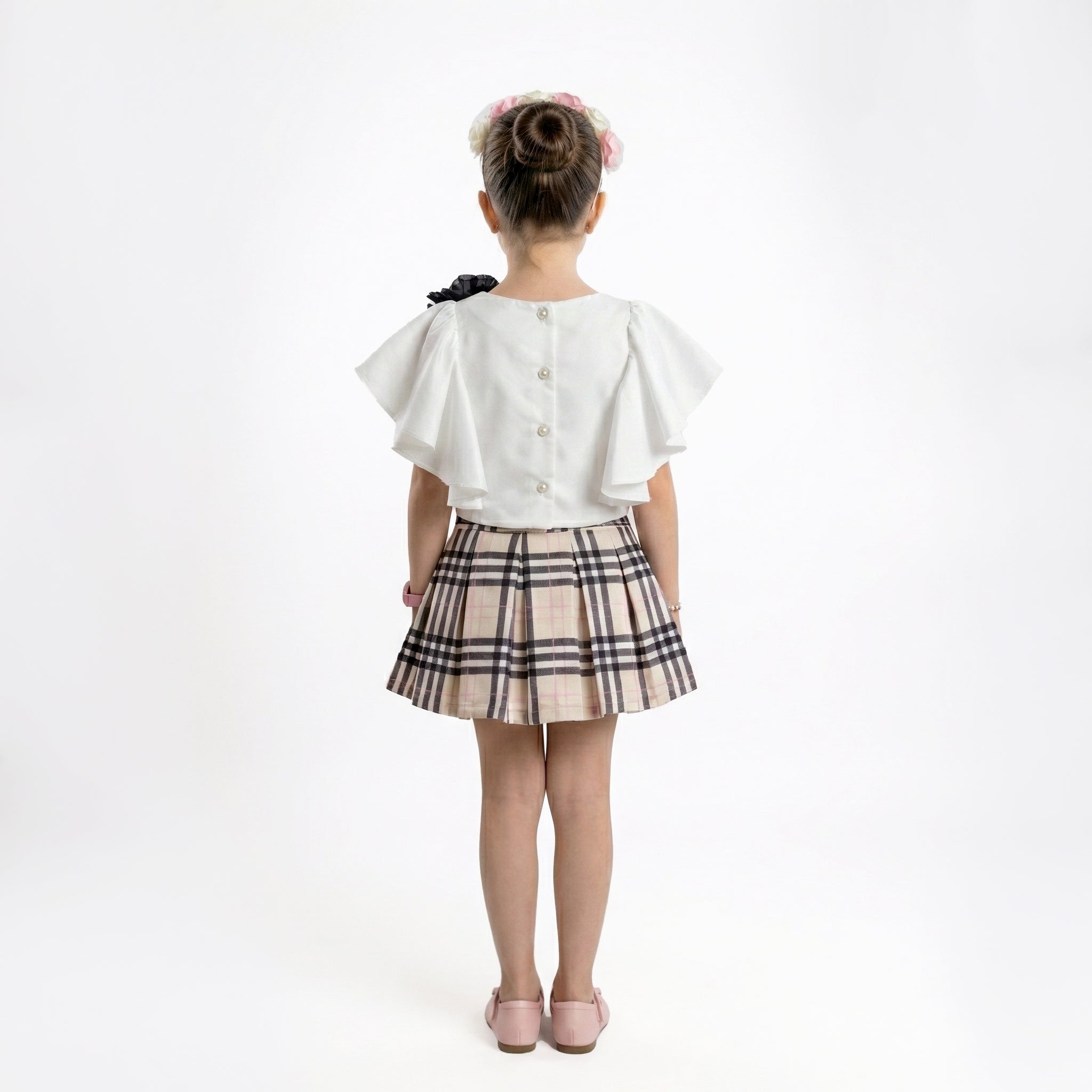 Girls Elegant Plaid & Flutter Sleeve Ensemble – Sophisticated 2-Piece Set