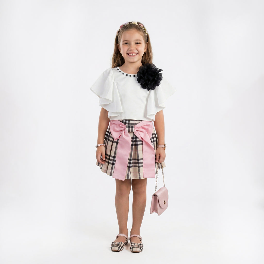 Big Girls Boutique Tartan Skirt Set – Premium 2-Piece Flutter Sleeve Outfit