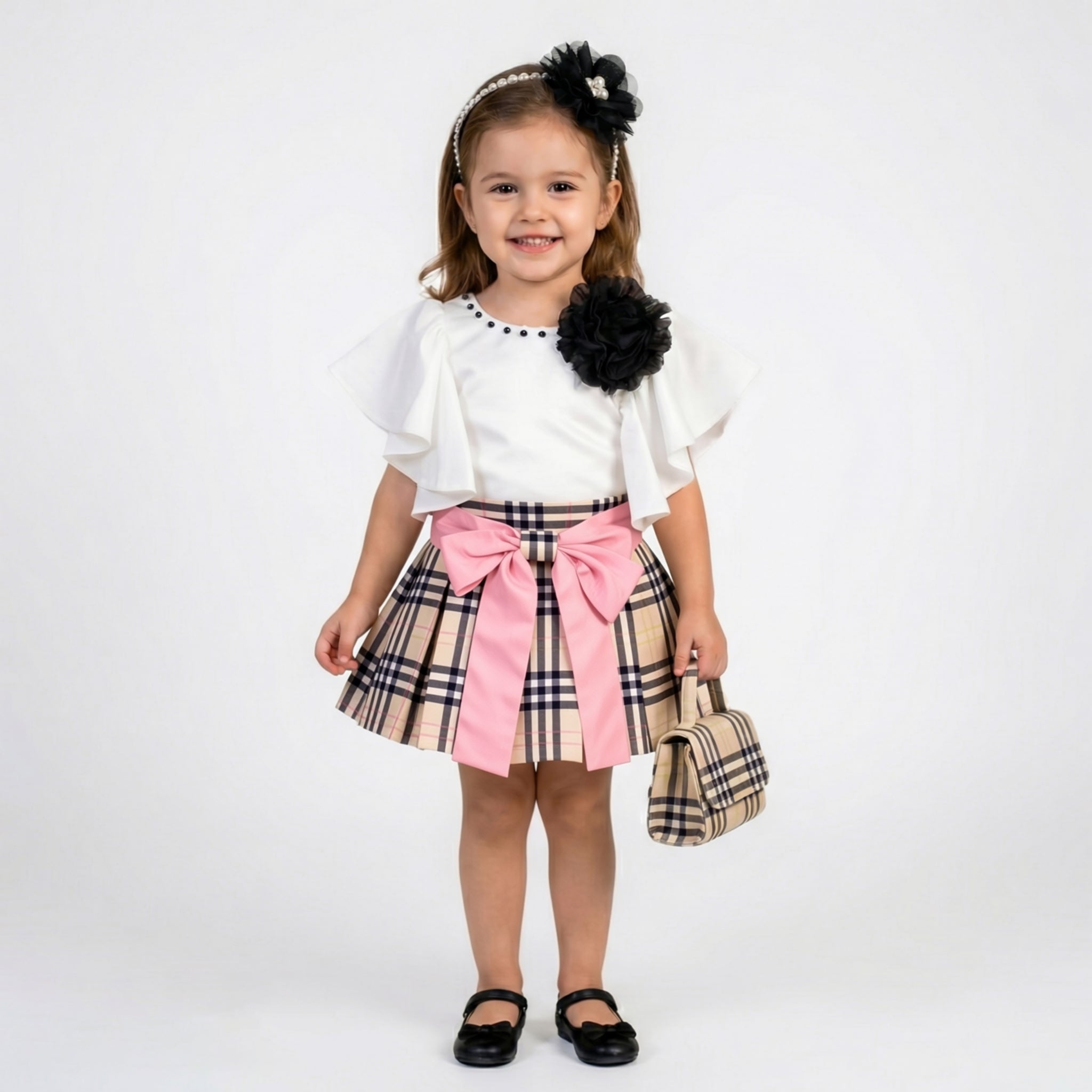 Toddler Girls Flutter Sleeve Top & Plaid Skirt Set – 2-Piece Heritage Outfit
