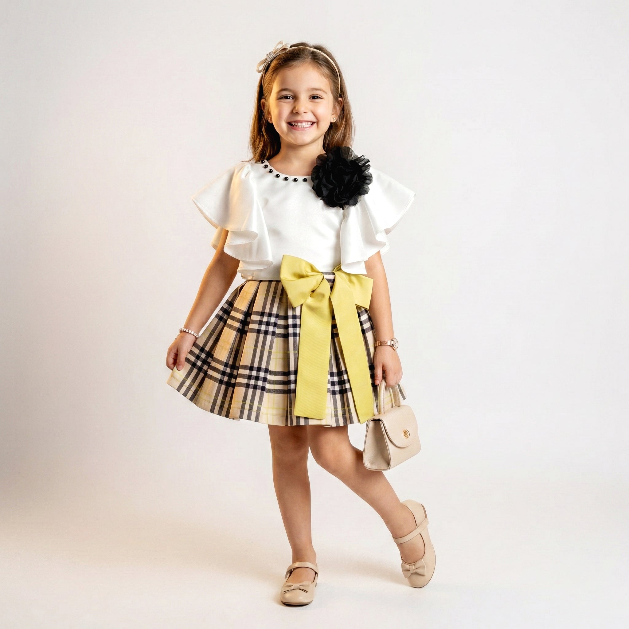 Girls Elegant Plaid & Flutter Sleeve Ensemble – Sophisticated 2-Piece Set