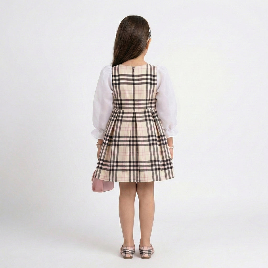 Big Girls Heritage Tartan Statement Dress – Elegant Satin Bow & Sheer Sleeves