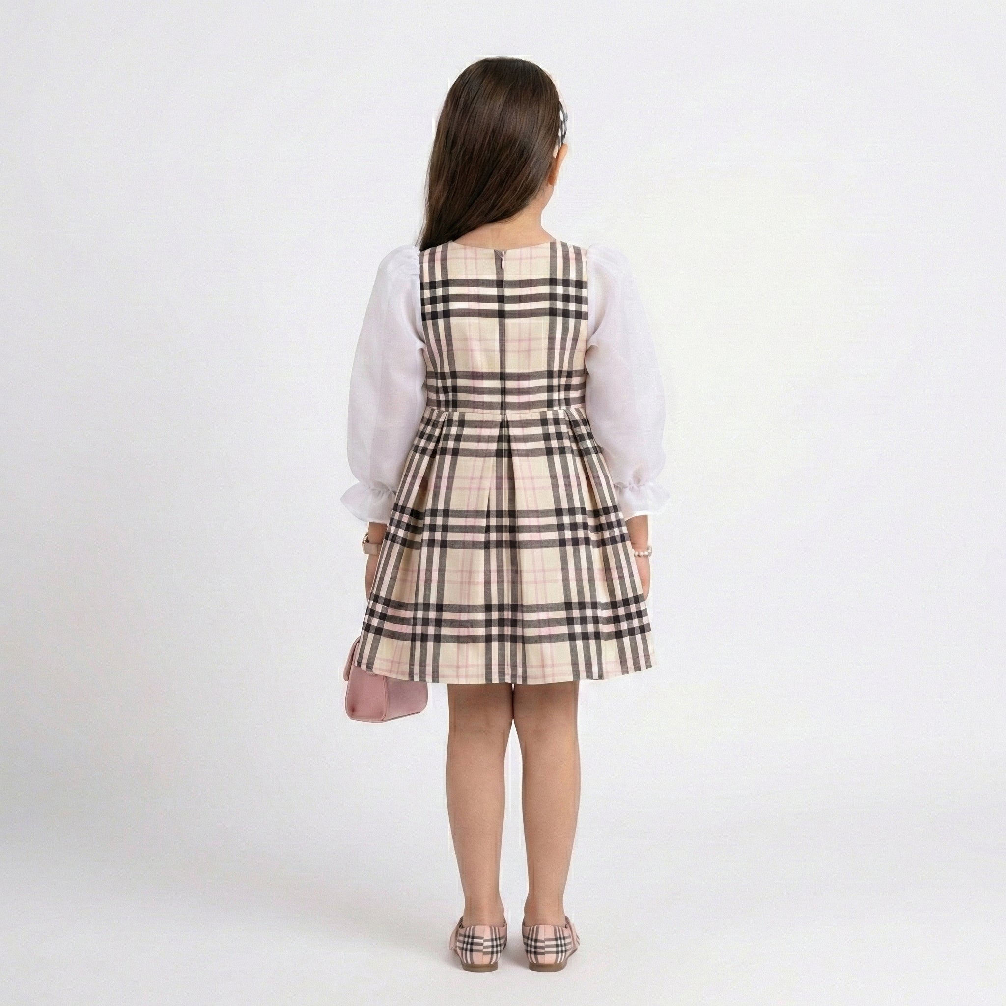 Big Girls Heritage Tartan Statement Dress – Elegant Satin Bow & Sheer Sleeves