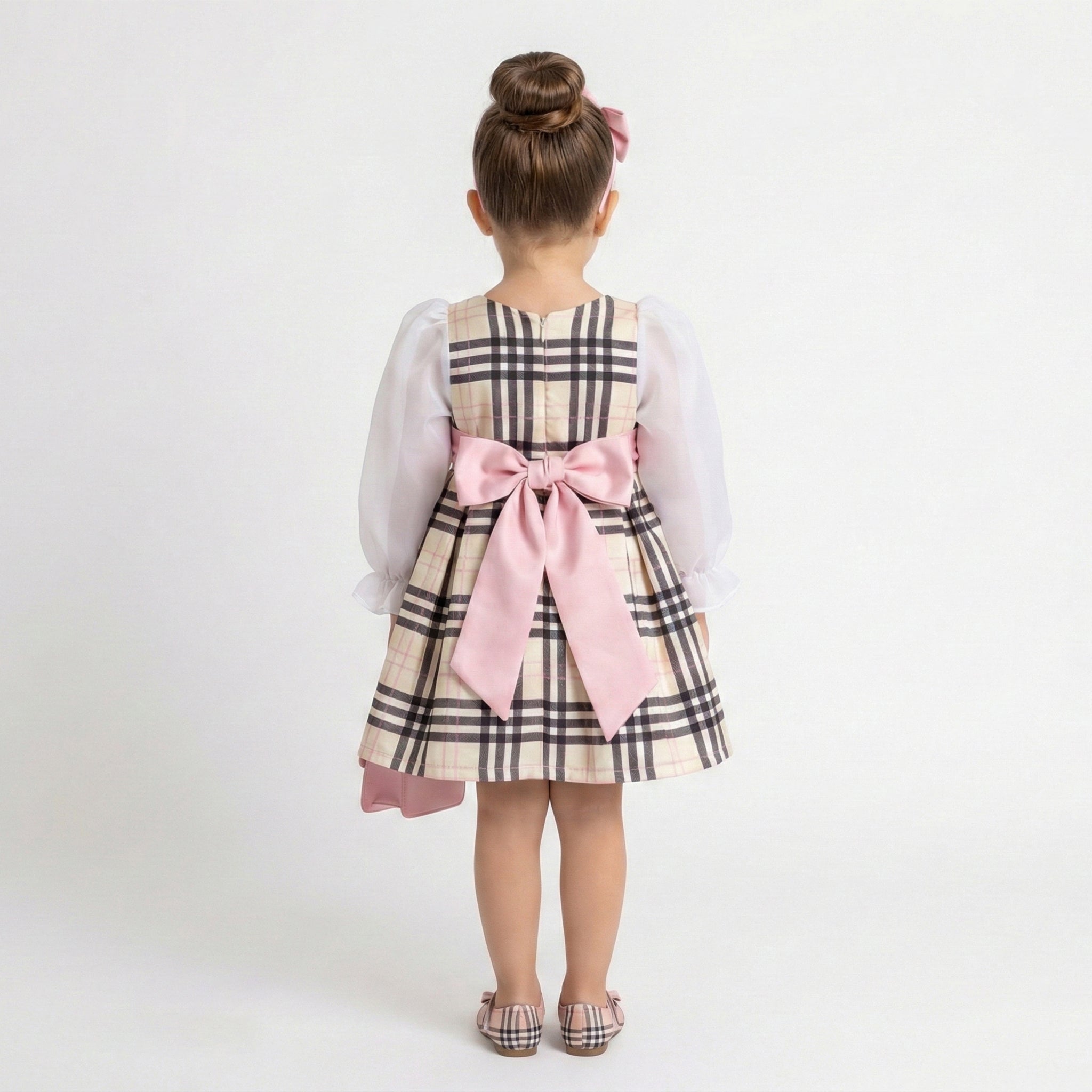 Toddler Girls Heritage Tartan Dress – Sheer Organza Sleeves & Satin Bow