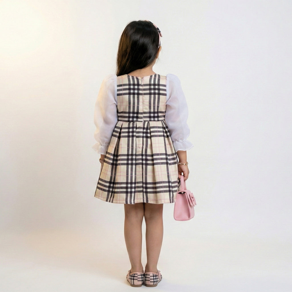 Girls Classic Plaid Occasion Dress – Sophisticated Organza Sleeve Detail