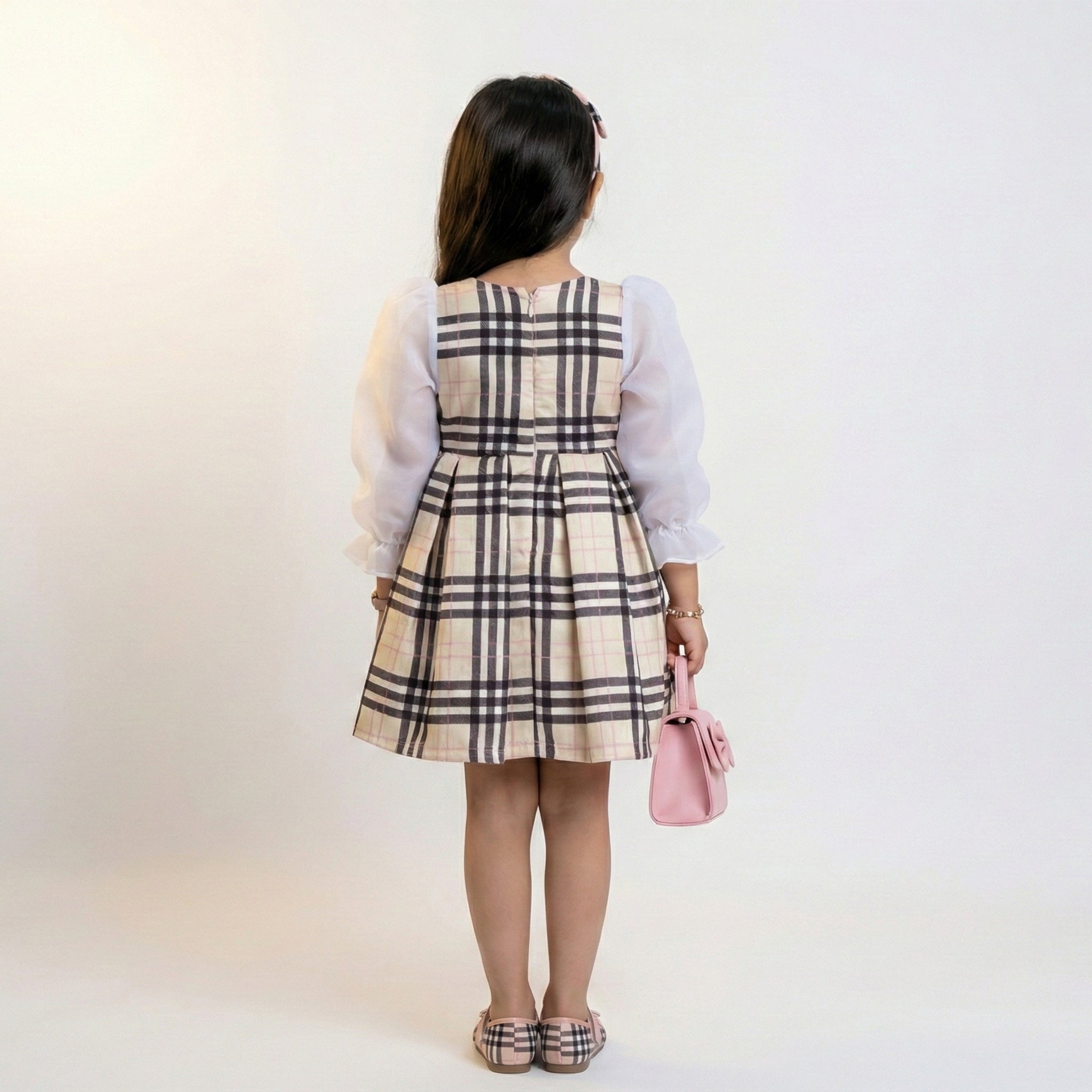 Girls Classic Plaid Occasion Dress – Sophisticated Organza Sleeve Detail