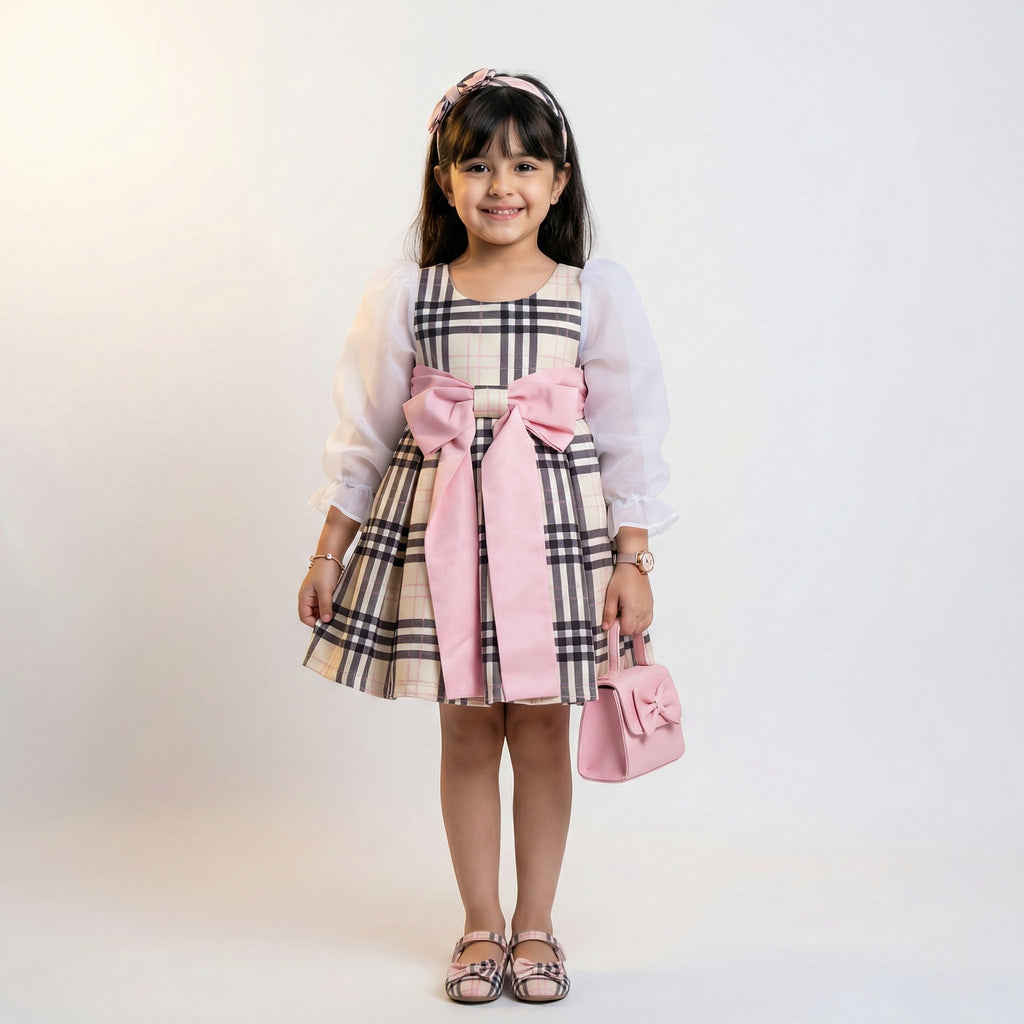 Girls Classic Plaid Occasion Dress – Sophisticated Organza Sleeve Detail