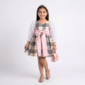 Big Girls Heritage Tartan Statement Dress – Elegant Satin Bow & Sheer Sleeves