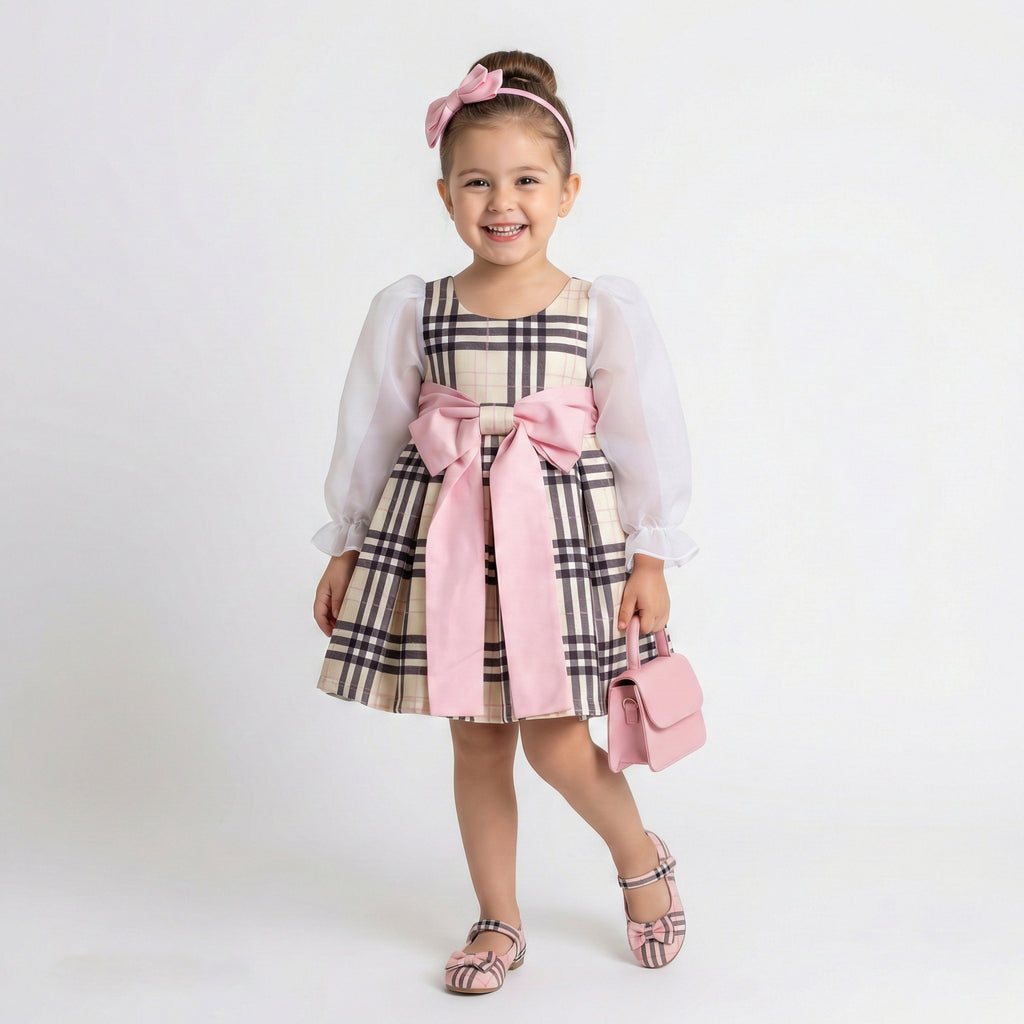 Toddler Girls Heritage Tartan Dress – Sheer Organza Sleeves & Satin Bow