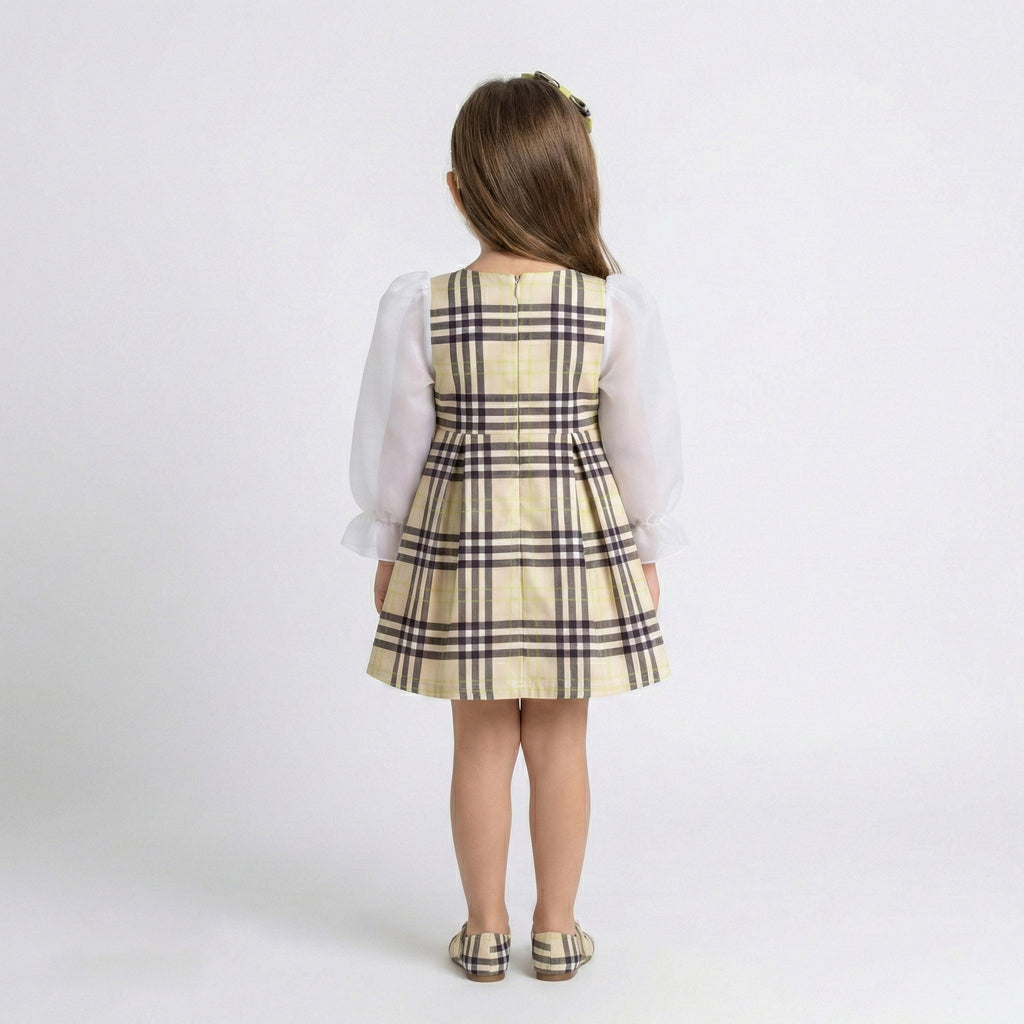 Toddler Girls Heritage Tartan Dress – Sheer Organza Sleeves & Satin Bow