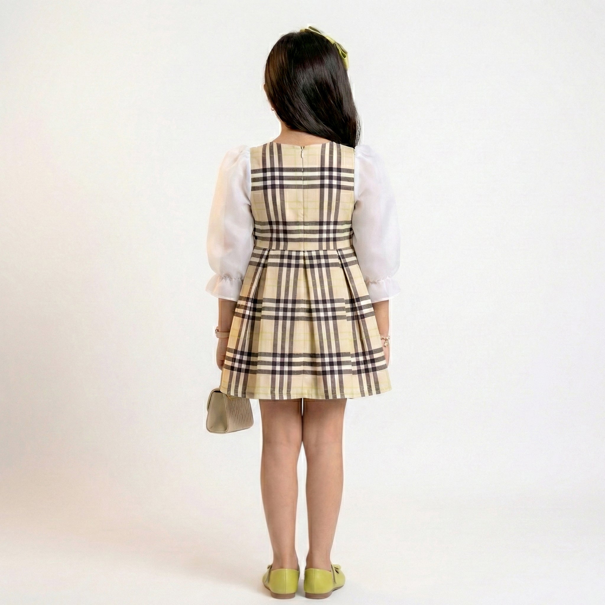 Big Girls Heritage Tartan Statement Dress – Elegant Satin Bow & Sheer Sleeves